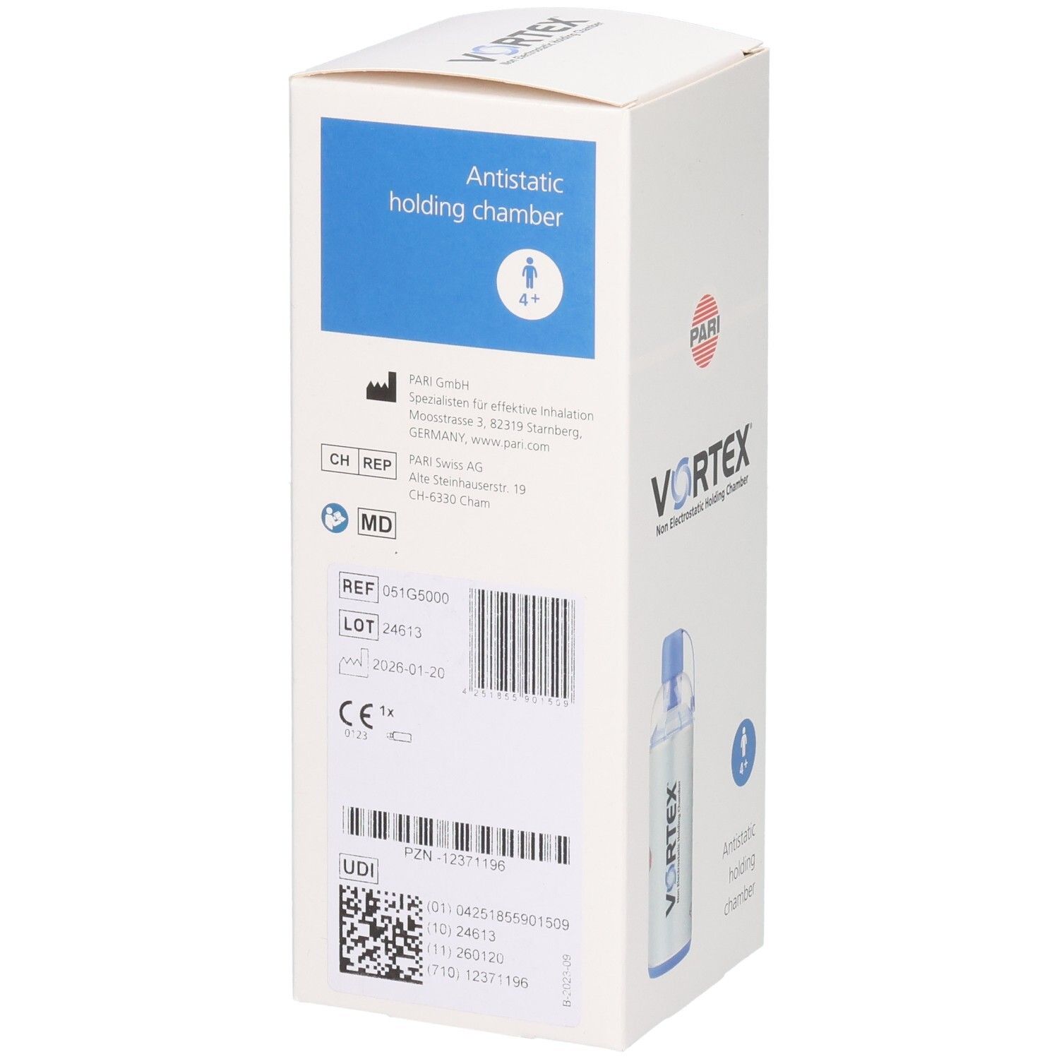 VORTEX Antistatische Inhalationskammer, Rückseite der Verpackung mit Chargennummer, Verfallsdatum und CE-Kennzeichnung.
