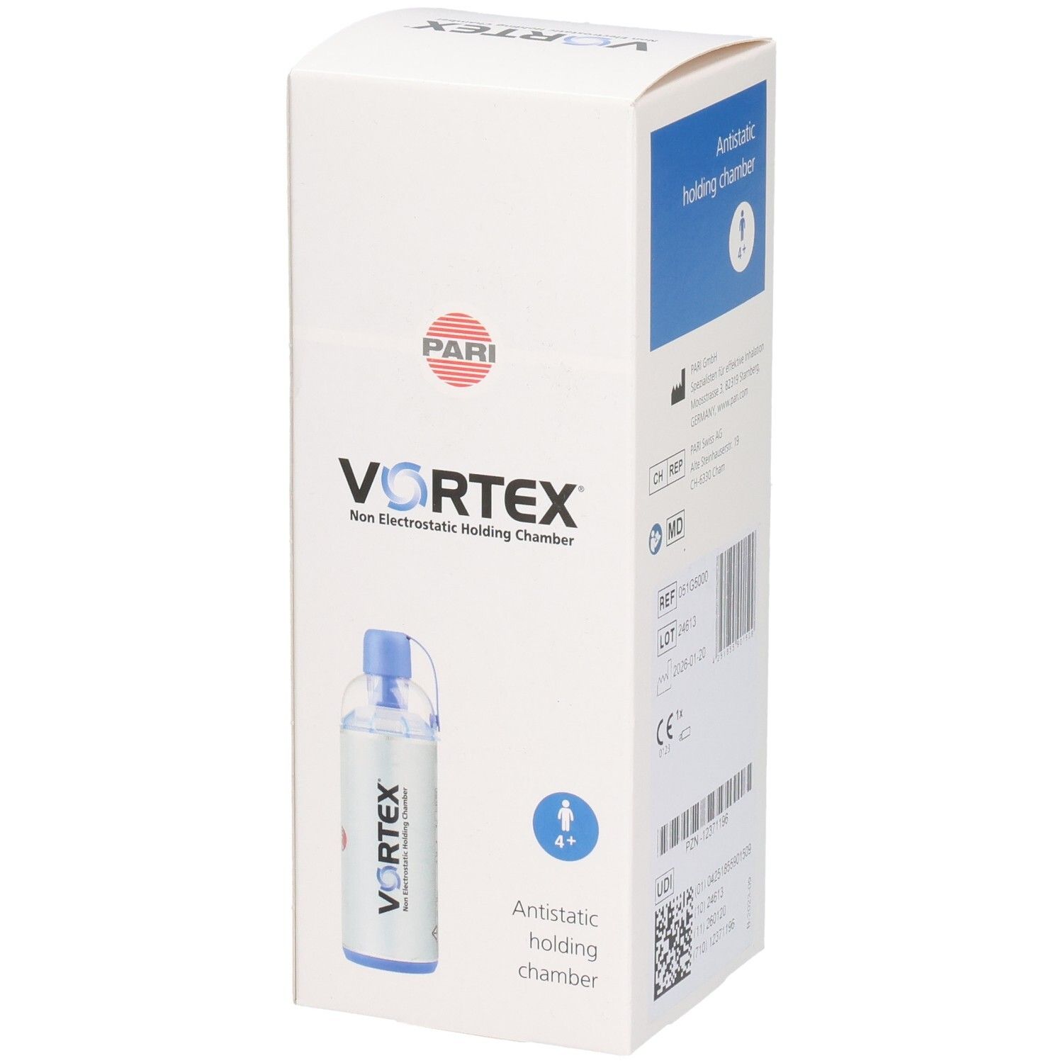 VORTEX Antistatische Inhalationskammer, Vorderseite der Verpackung mit Produktabbildung und Herstellerlogo.
