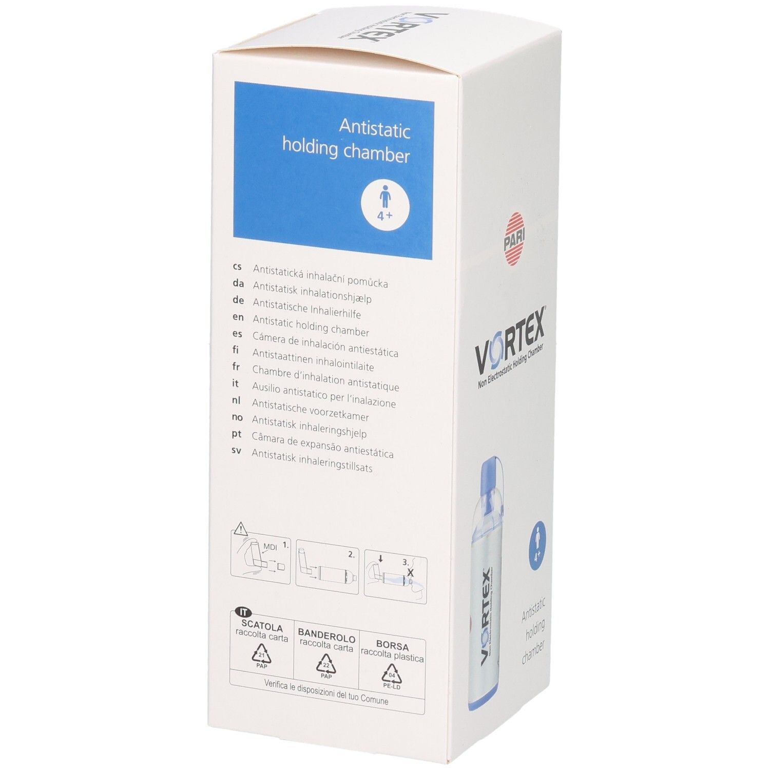 VORTEX Antistatische Inhalationskammer, Seitenansicht der Verpackung mit mehrsprachigen Produktinformationen und Anwendungshinweisen.