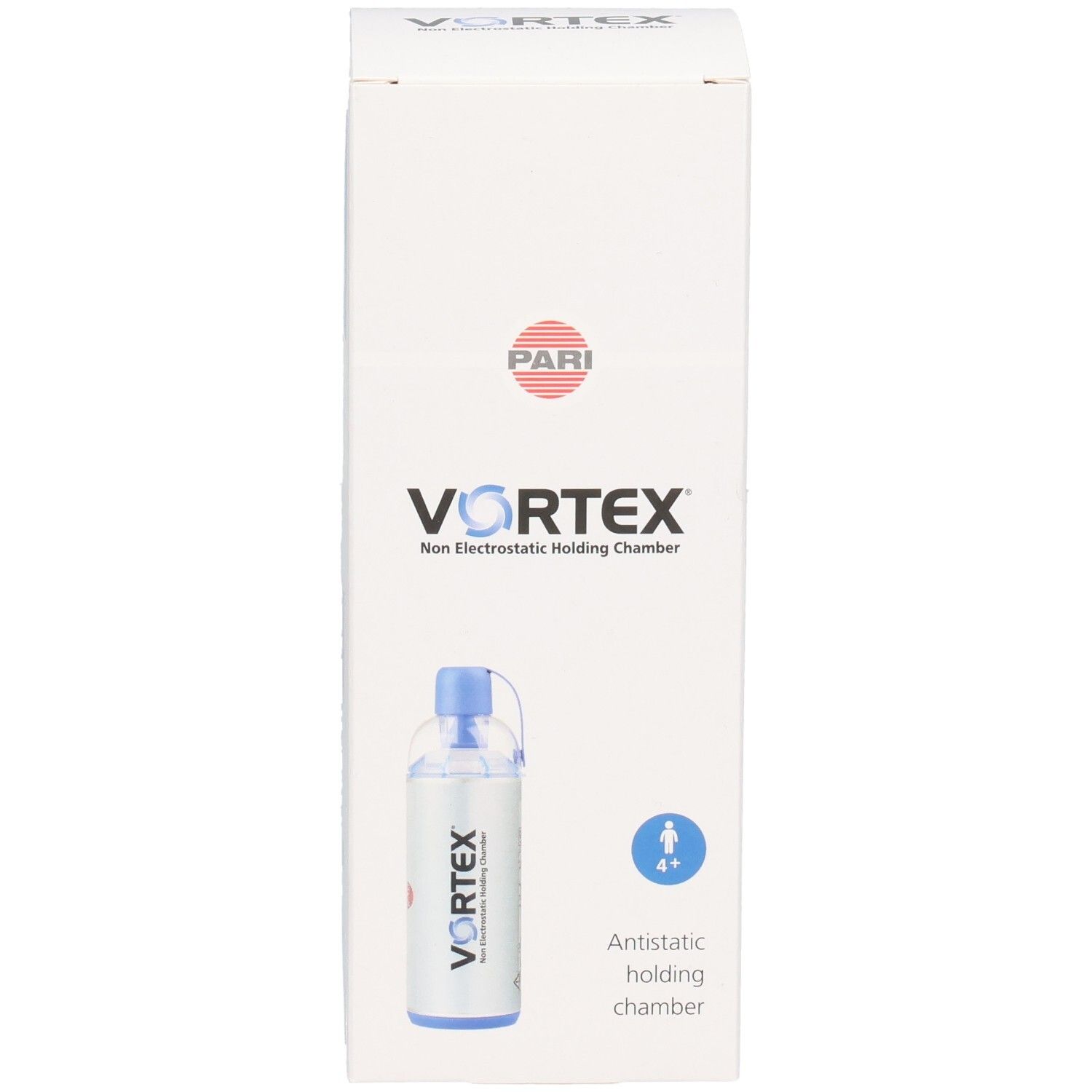 VORTEX Antistatische Inhalationskammer, Verpackung mit Detailabbildung des Inhalators und Altersangabe 'ab 4 Jahren'.