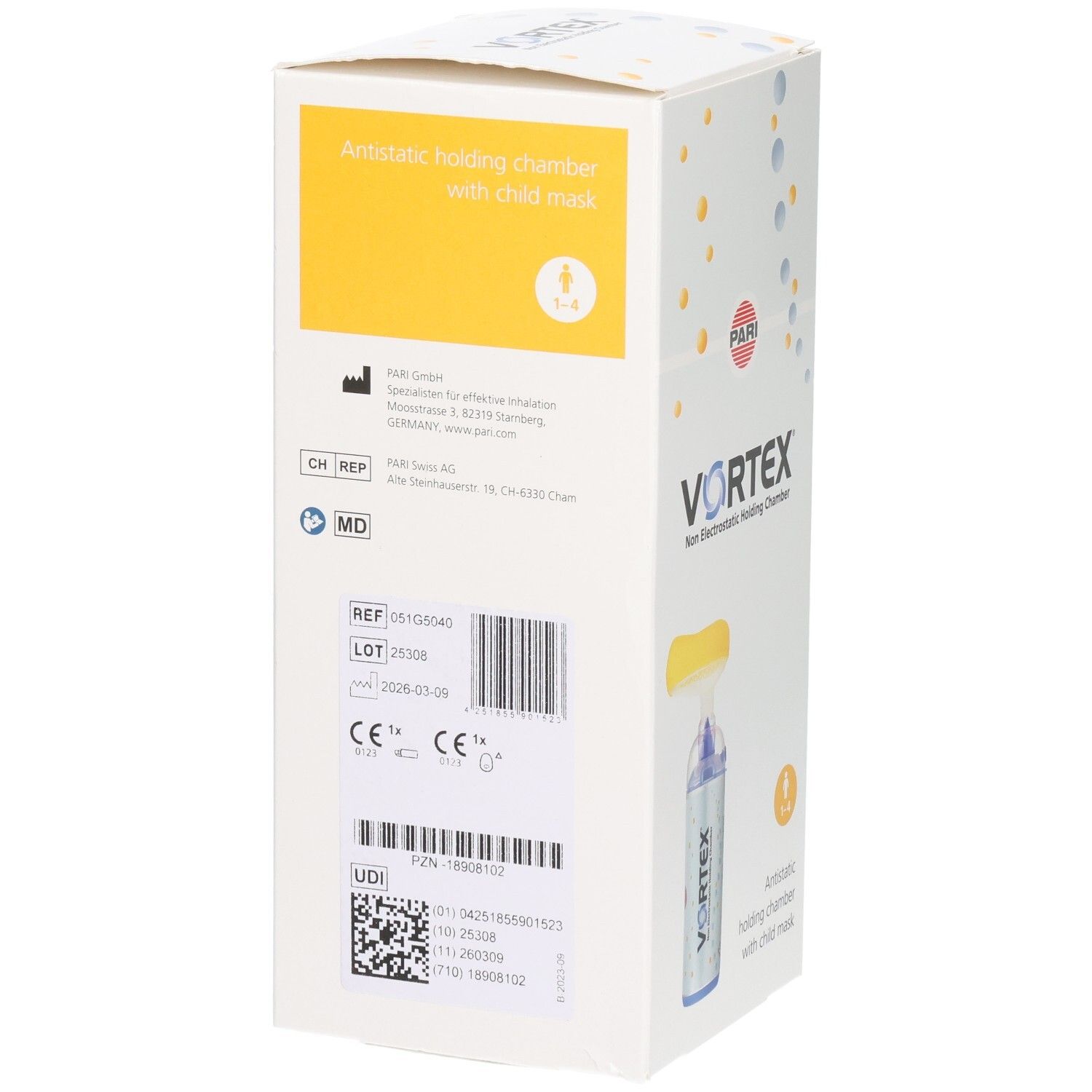 VORTEX® Inhalationsgerät mit Maske für Kinder. Rückseite der Verpackung mit Details.