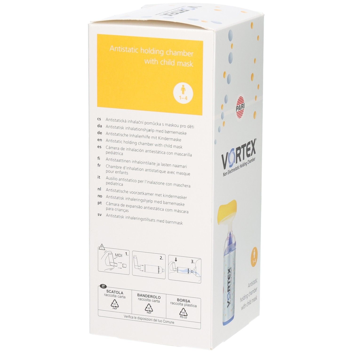 VORTEX® Inhalationsgerät mit Maske für Kinder. Vorder- und Seitenansicht der Verpackung.