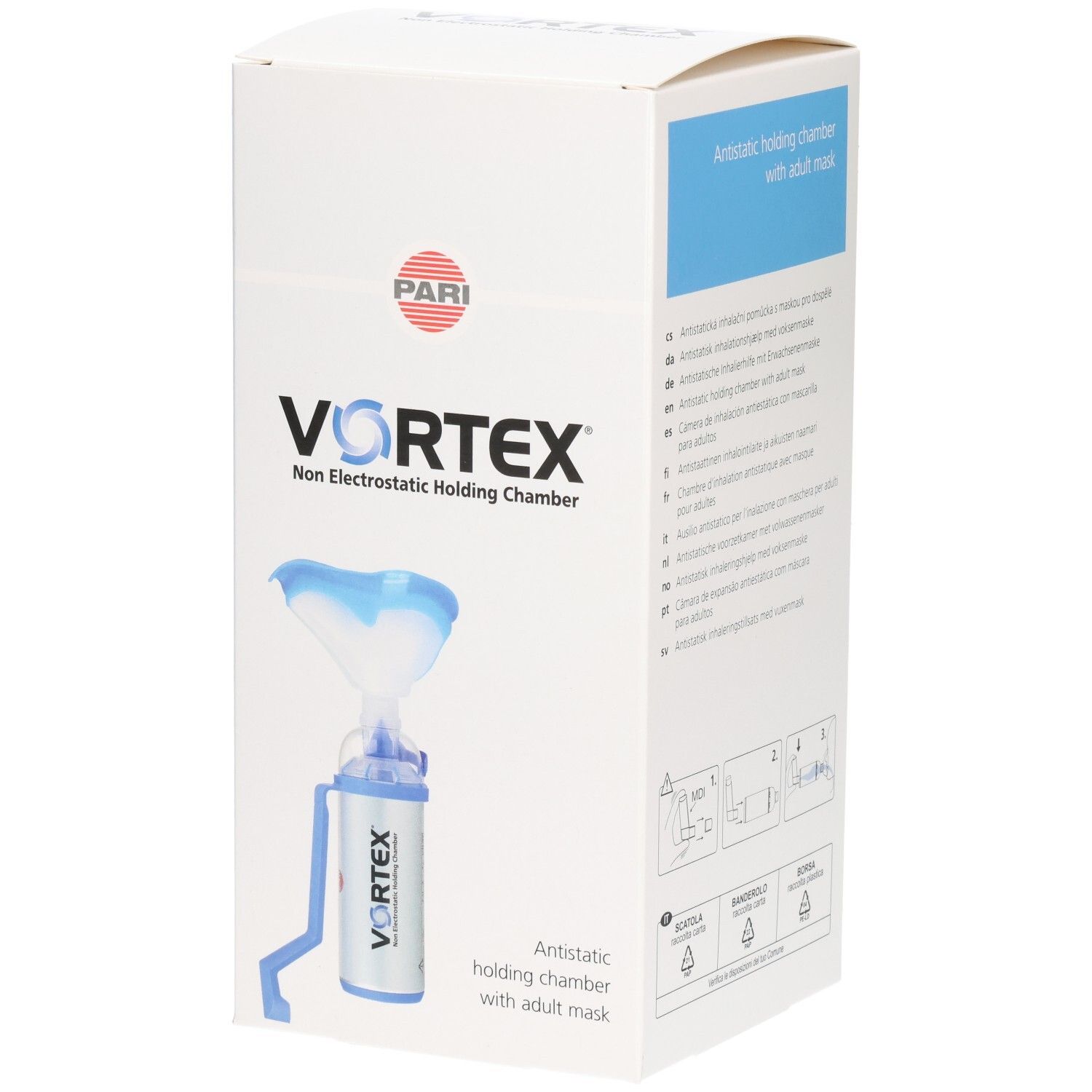 VORTEX® Antistatische Inhalierhilfe mit Erwachsenenmaske auf weißer Verpackung.