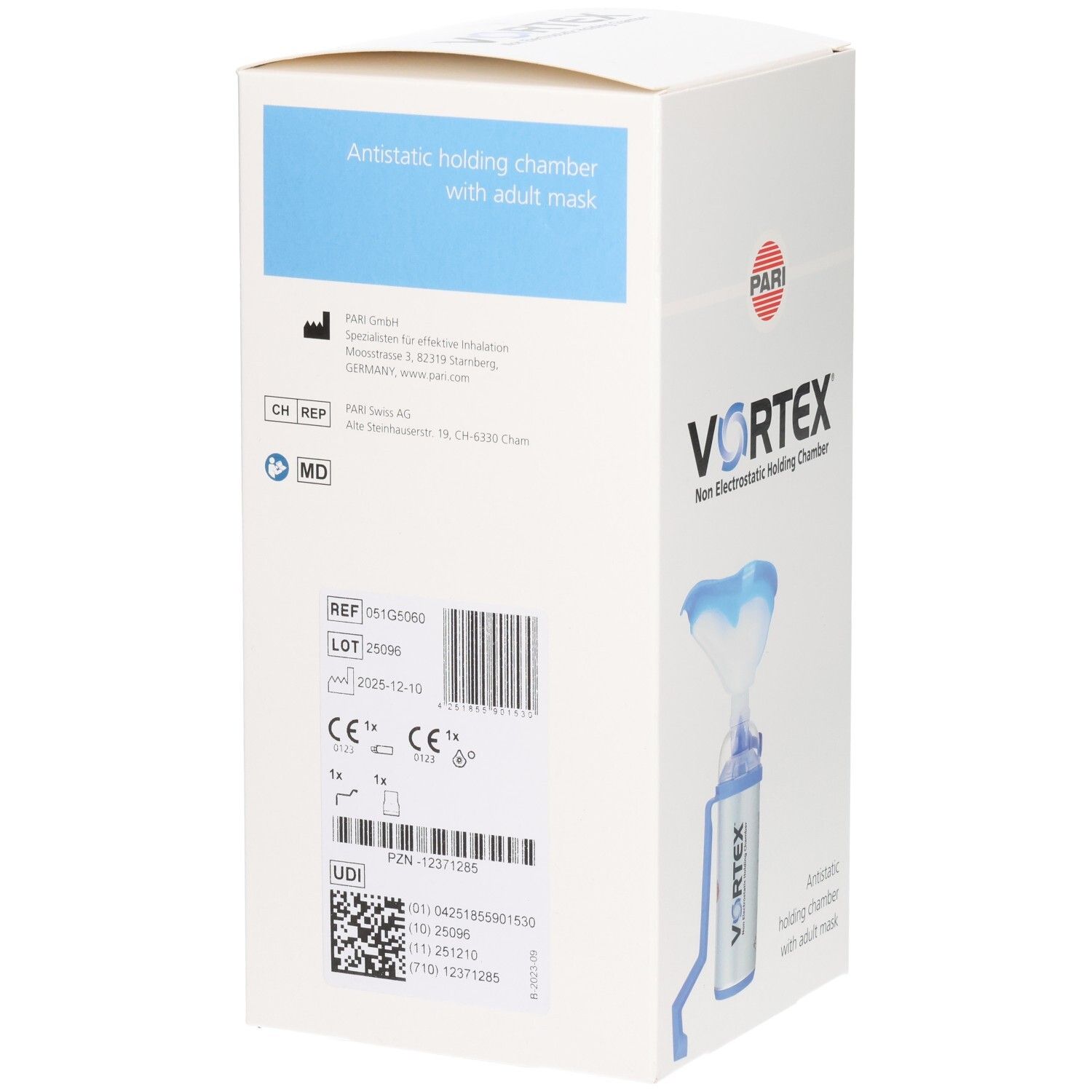 Rückseite der VORTEX® Verpackung mit Produktinformationen und CE-Kennzeichnung.