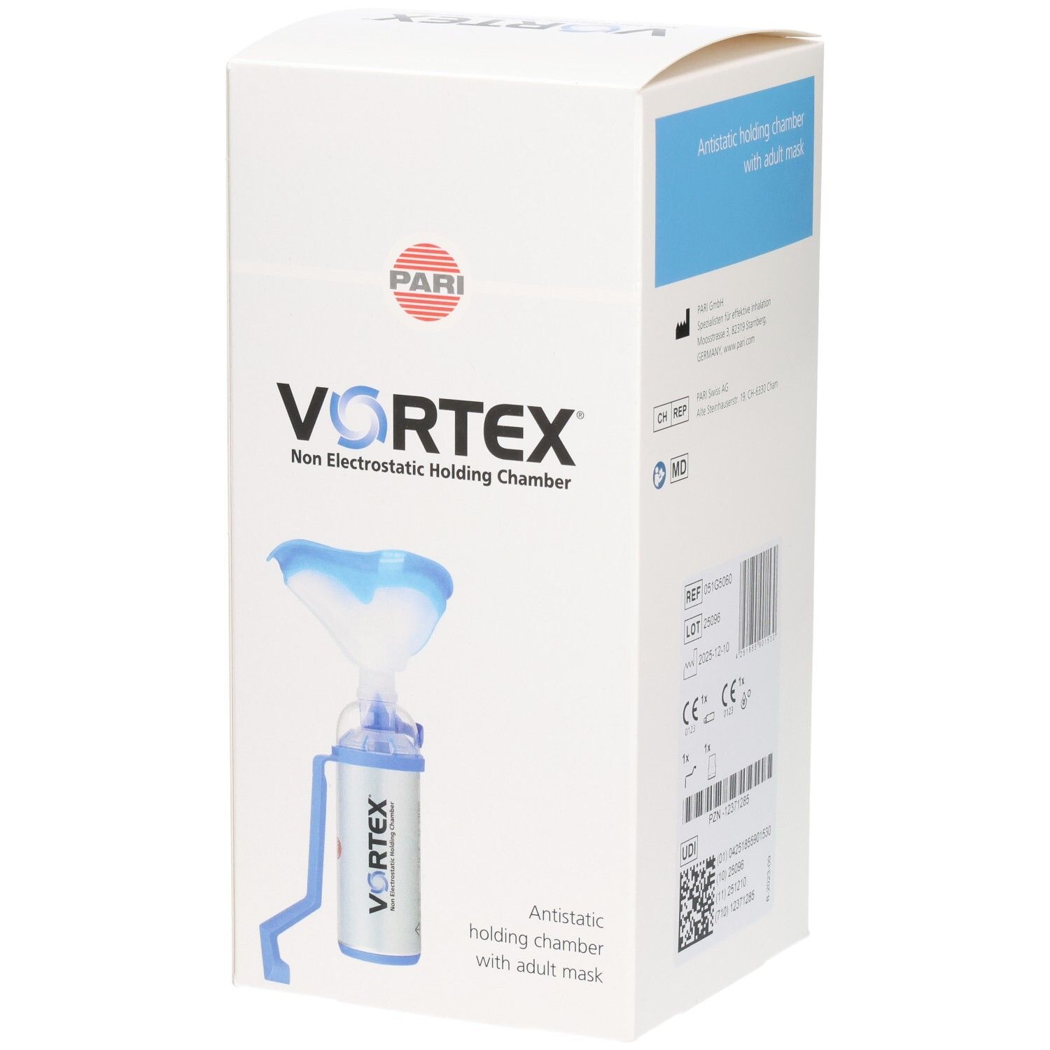 VORTEX® Antistatische Inhalierhilfe mit Erwachsenenmaske auf weißer Verpackung.