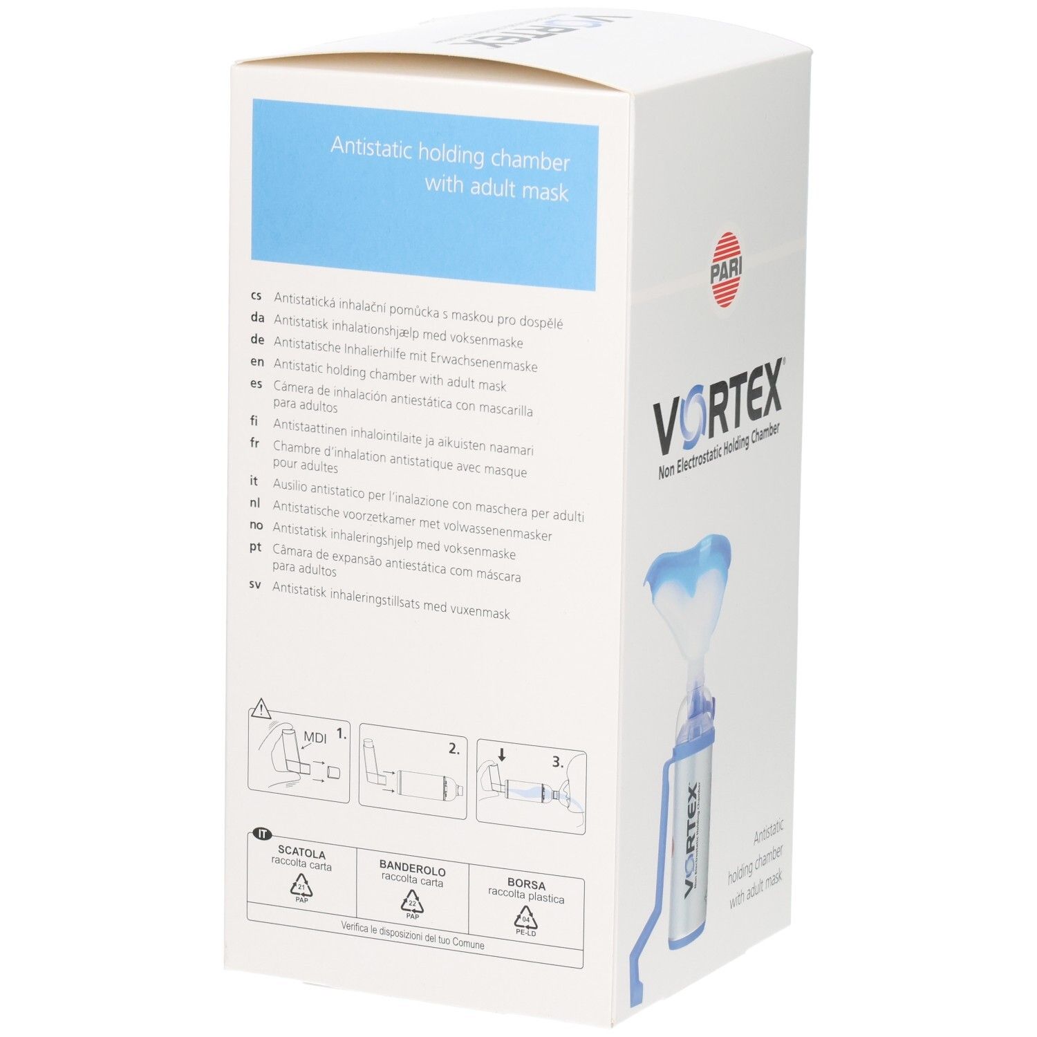 Seite der VORTEX® Verpackung mit mehrsprachigen Produktbeschreibungen und Anwendungshinweisen.