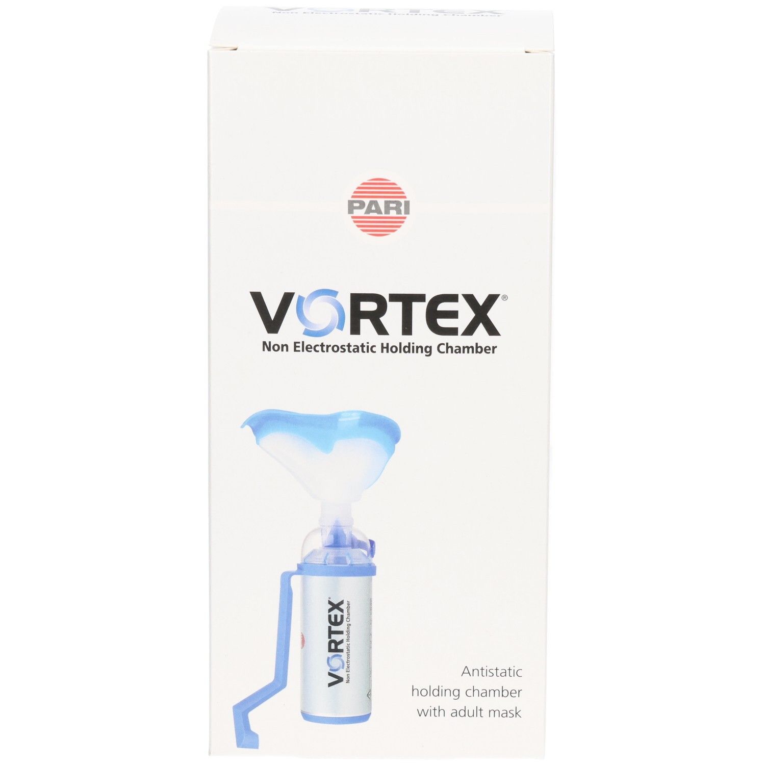 VORTEX® Antistatische Inhalierhilfe mit Erwachsenenmaske auf weißer Verpackung.