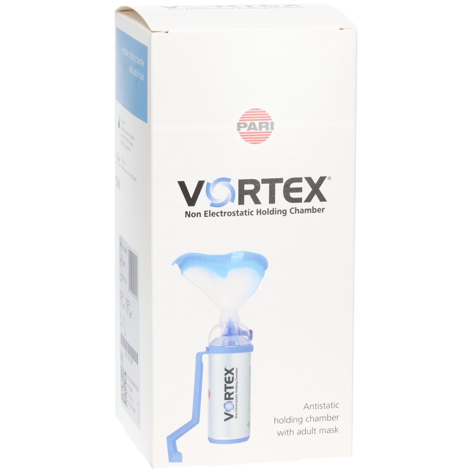 VORTEX® Antistatische Inhalierhilfe mit Erwachsenenmaske auf weißer Verpackung.