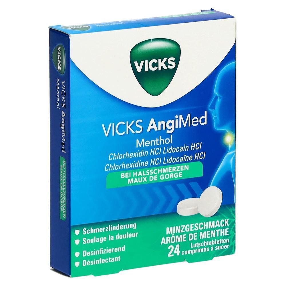 Boîte de Vicks AngiMed pastilles. Contient 24 comprimés. Inscription: Menthol, pour maux de gorge. Couleurs: vert, blanc et bleu.
