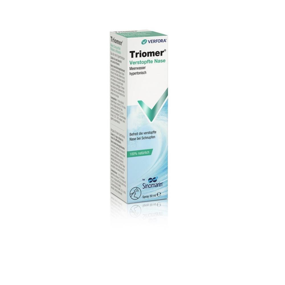 Boîte de spray nasal Triomer. Emballage blanc et vert avec nom et logo du produit. Texte en allemand.