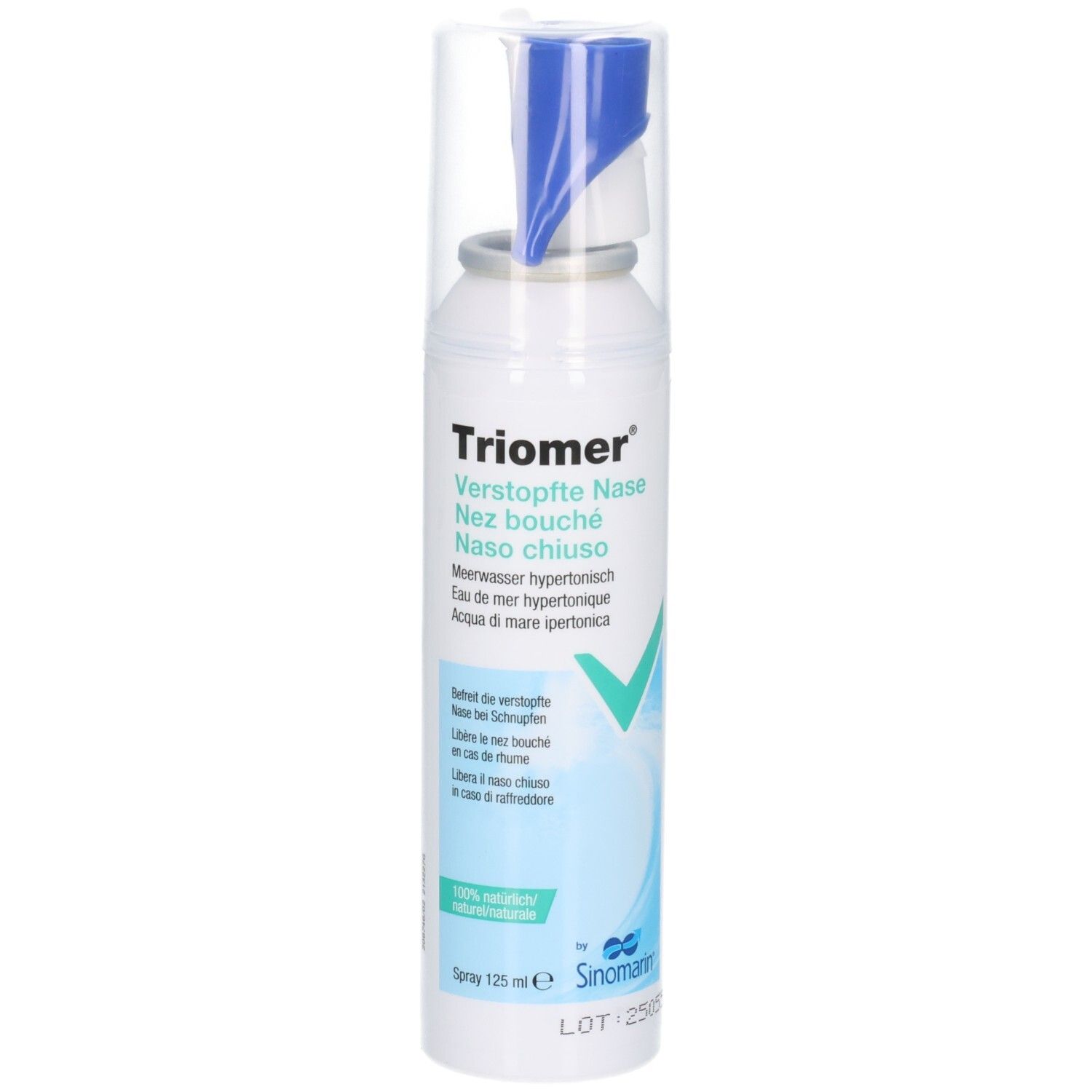 TRIOMER Verstopfte Nase Spray Fl 125 ml: Frontansicht der Sprühflasche mit blauem Applikator und Schutzkappe.