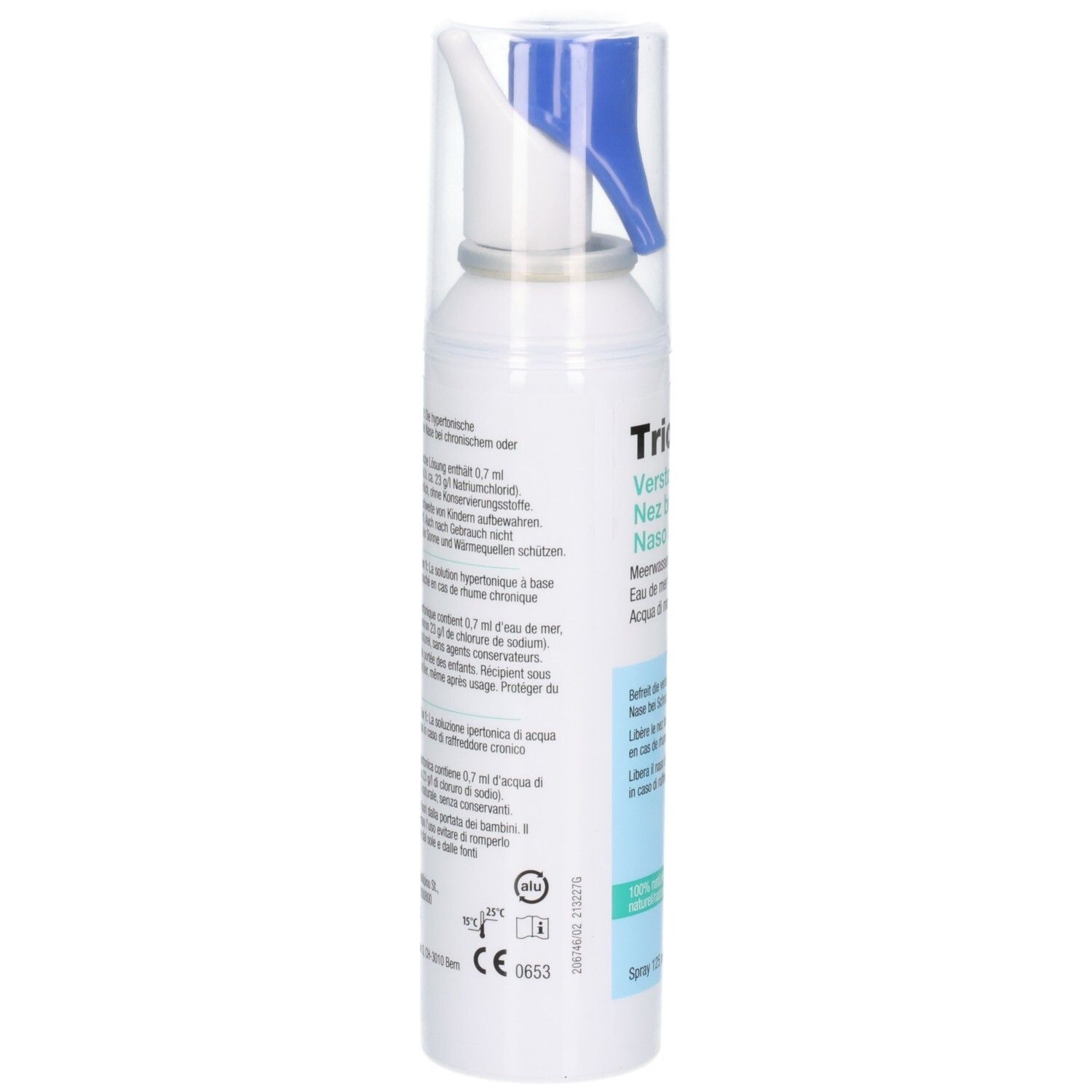 TRIOMER Verstopfte Nase Spray Fl 125 ml: Seitenansicht der Sprühflasche mit detaillierten Produktinformationen.