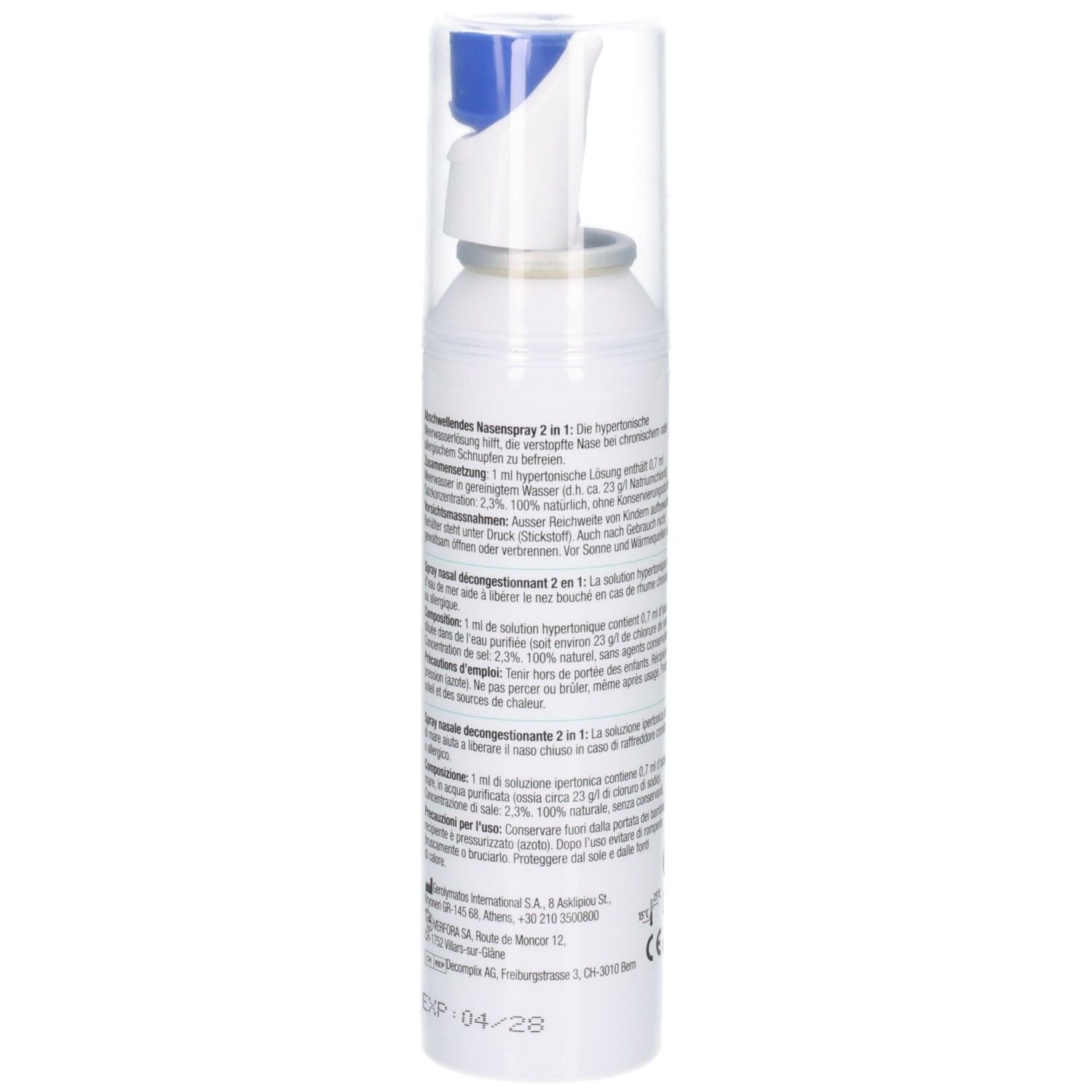 TRIOMER Verstopfte Nase Spray Fl 125 ml: Rückseitenansicht der Sprühflasche mit Anwendungshinweisen und Inhaltsstoffen.