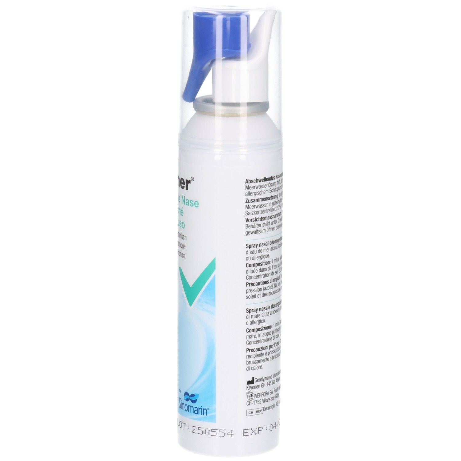TRIOMER Verstopfte Nase Spray Fl 125 ml: Seitenansicht der Sprühflasche mit CE-Kennzeichnung und Chargennummer.