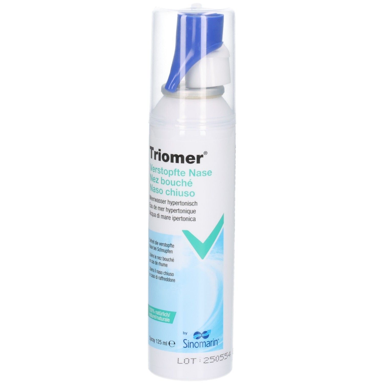 TRIOMER Verstopfte Nase Spray Fl 125 ml: Frontale Ansicht der Sprühflasche, die den blauen Applikator und die Schutzkappe zeigt.