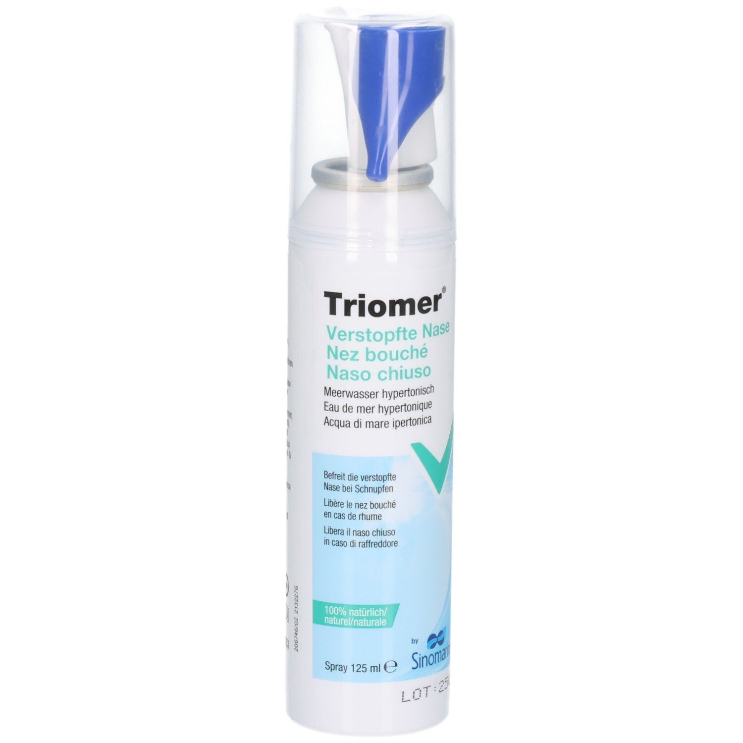 TRIOMER Verstopfte Nase Spray Fl 125 ml: Nahaufnahme des Sprühkopfes mit blauem Applikator und transparenter Schutzkappe.