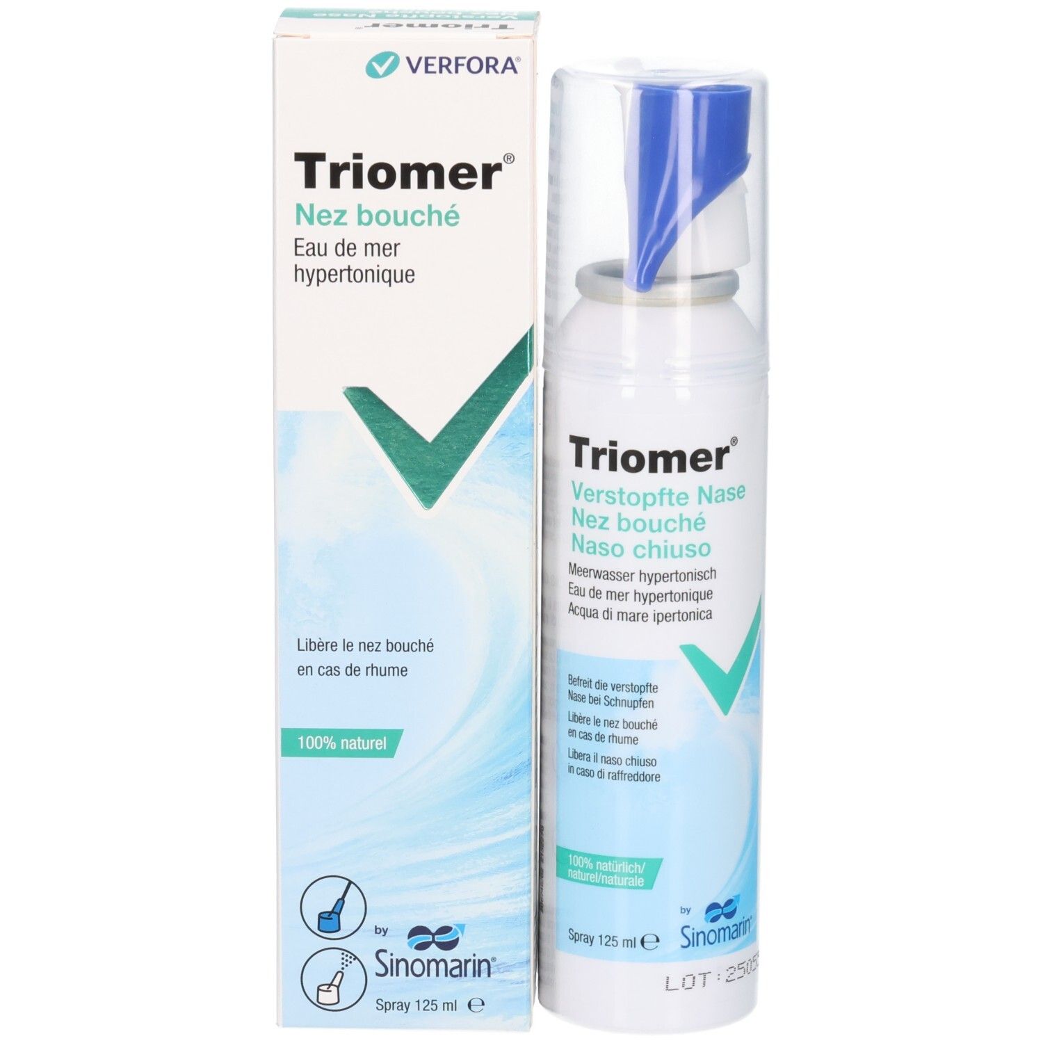 TRIOMER Verstopfte Nase Spray Fl 125 ml: Sprühflasche neben der Produktverpackung, beide mit blauen Akzenten.