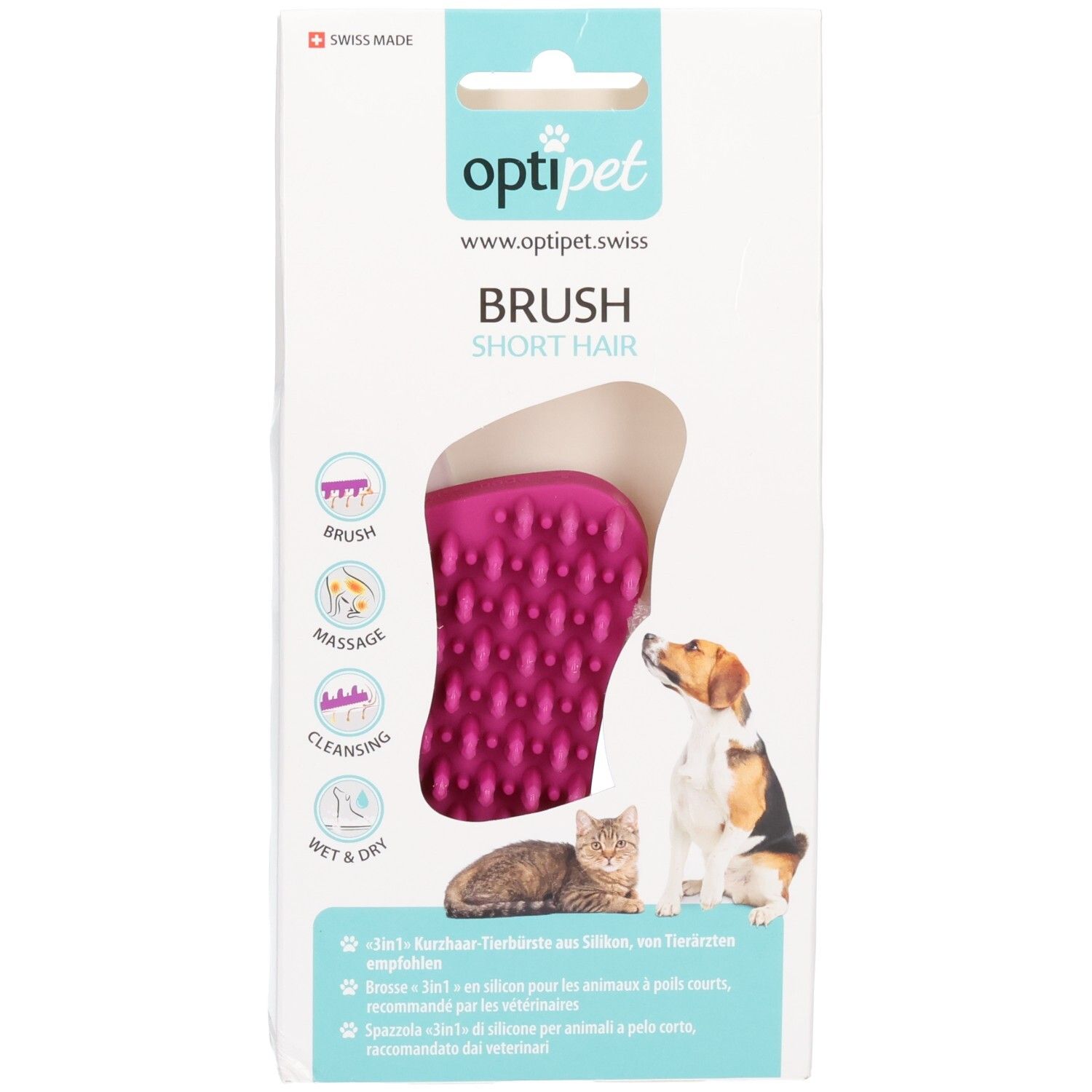 OptiPet Tierbürste für Kurzhaartiere, pinke Silikonbürste mit Noppen, für Hunde und Katzen.