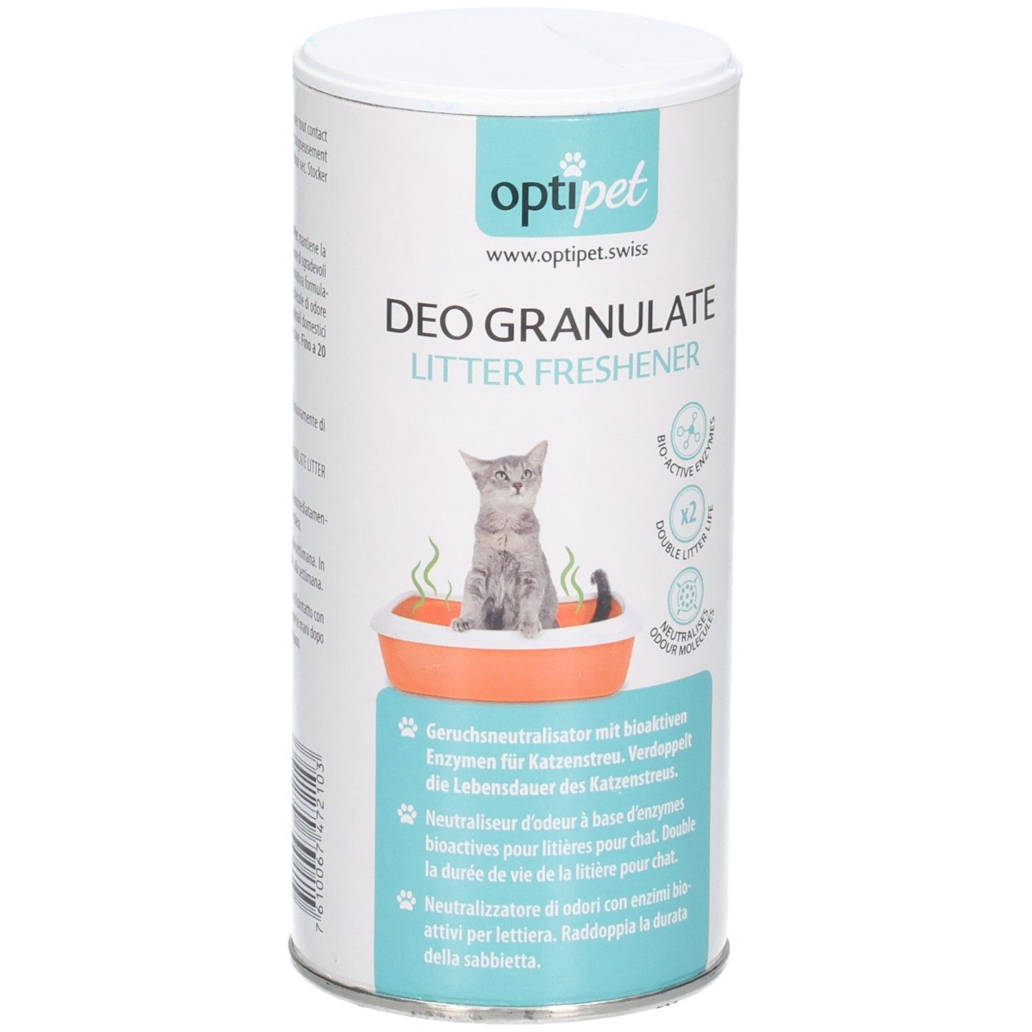 Optipet Deo Granulate Litter Freshener Dose mit Katzenmotiv.