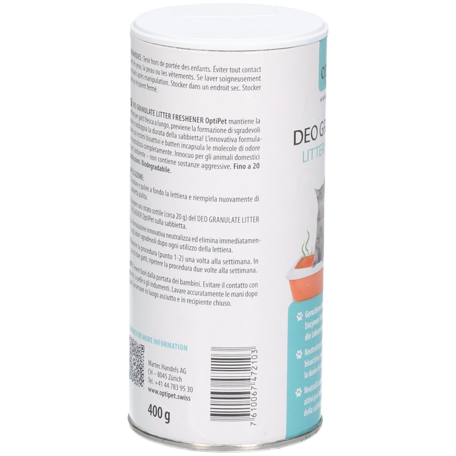 Dose mit 400g Granulat zur Katzenstreu-Frischhaltung. Weiße Dose mit türkisfarbenen Akzenten und Produktinformationen.