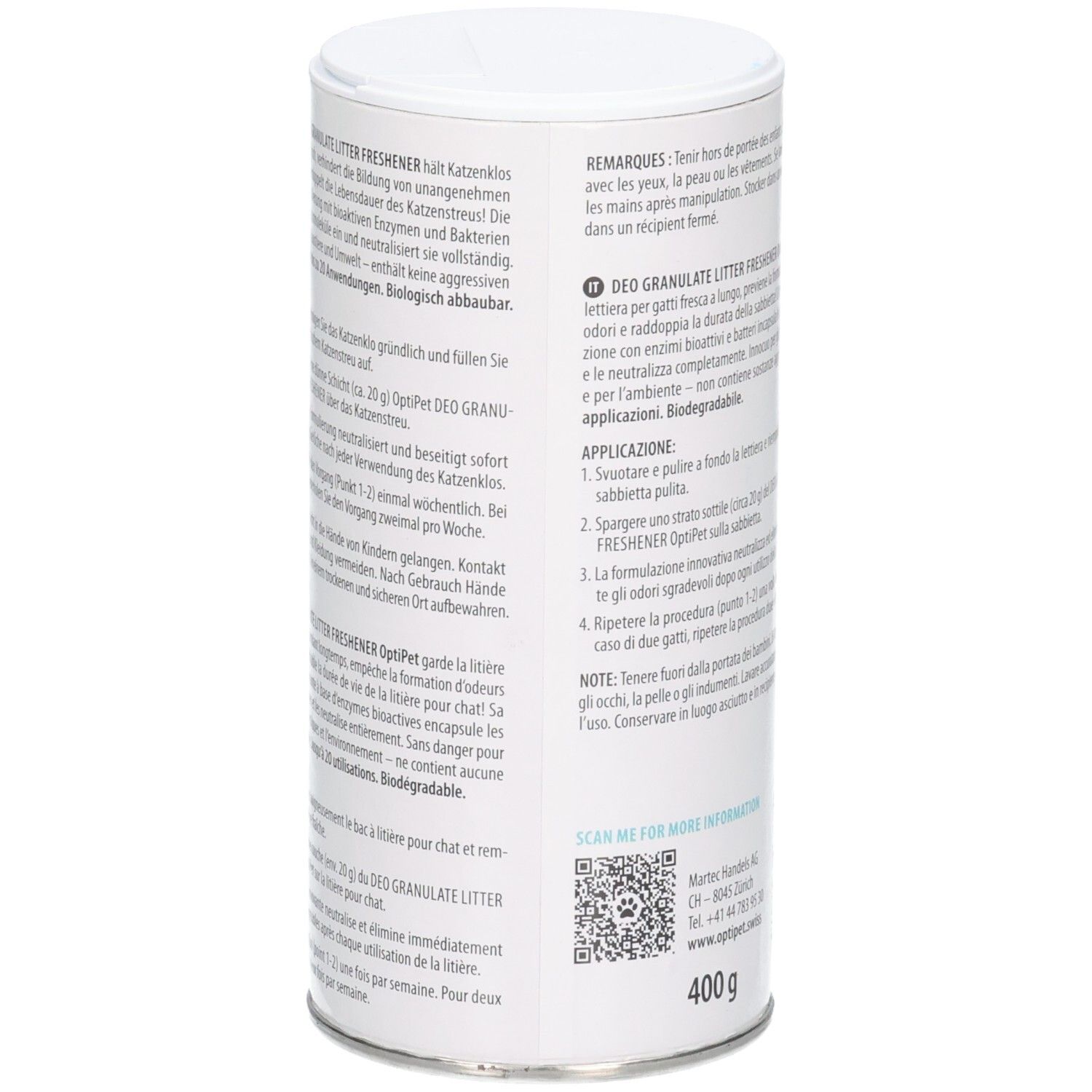 Weiße Dose mit Katzenstreu-Frischer, 400g.
