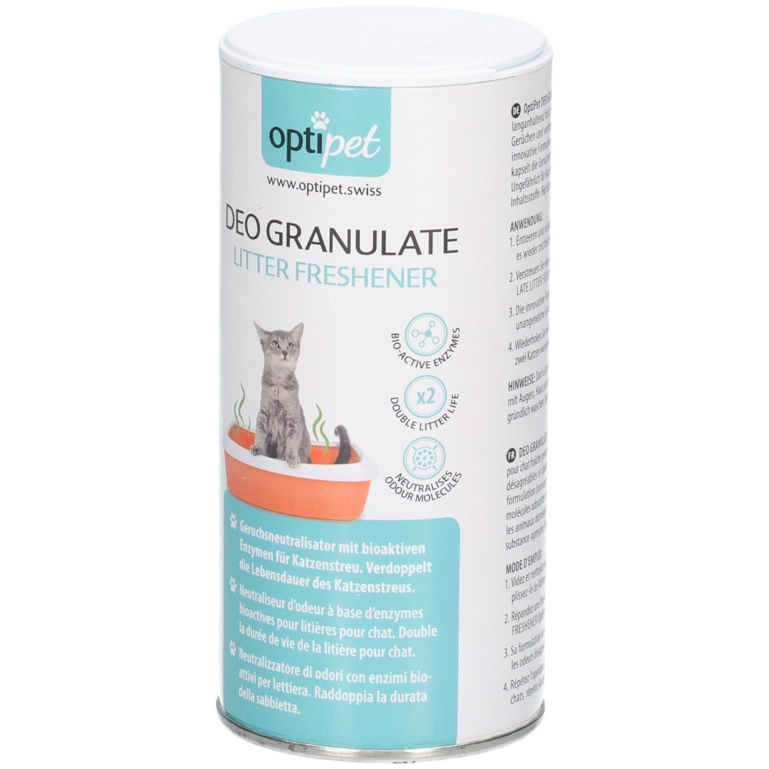 Optipet Deo Granulate Litter Freshener Dose mit Katze im Katzenklo-Design. Bioaktive Enzyme, doppelte Streu-Lebensdauer, Geruchsneutralisation.