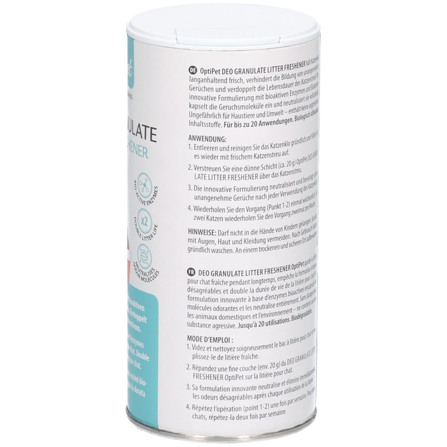 OptiPet Deo Granulat Katzenstreu-Frischer in weißer Dose mit blauen und grünen Akzenten. Enthält Bio-Enzyme.