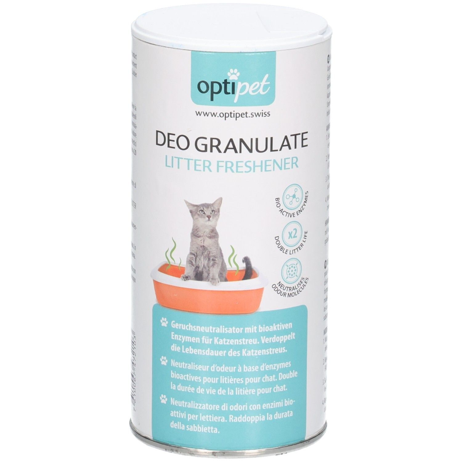 Optipet Deo Granulate Litter Freshener Dose mit Katze im Katzenklo-Design. Enthält bioaktive Enzyme.