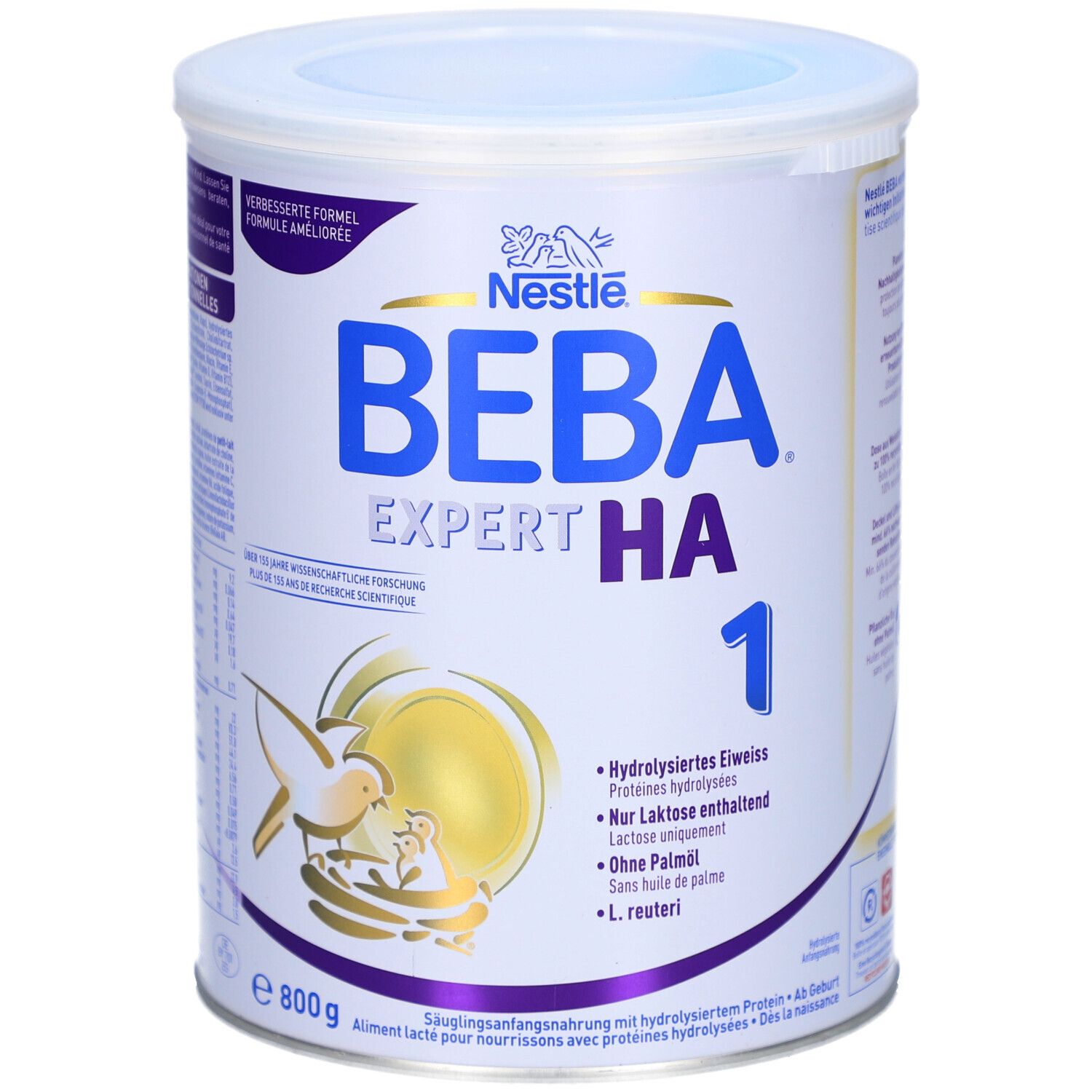 Boîte BEBA EXPERT HA 1. Bleu, blanc. Logo Nestlé. Texte : Protéines hydrolysées, Seulement lactose, Sans huile de palme, L. reuteri. 800 g.