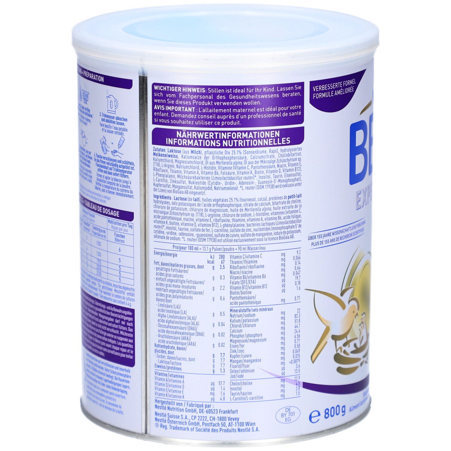 Dos de la boîte BEBA EXPERT HA 1. Informations nutritionnelles. Texte : Avis important. 800 g. Détail des ingrédients et valeurs nutritionnelles.