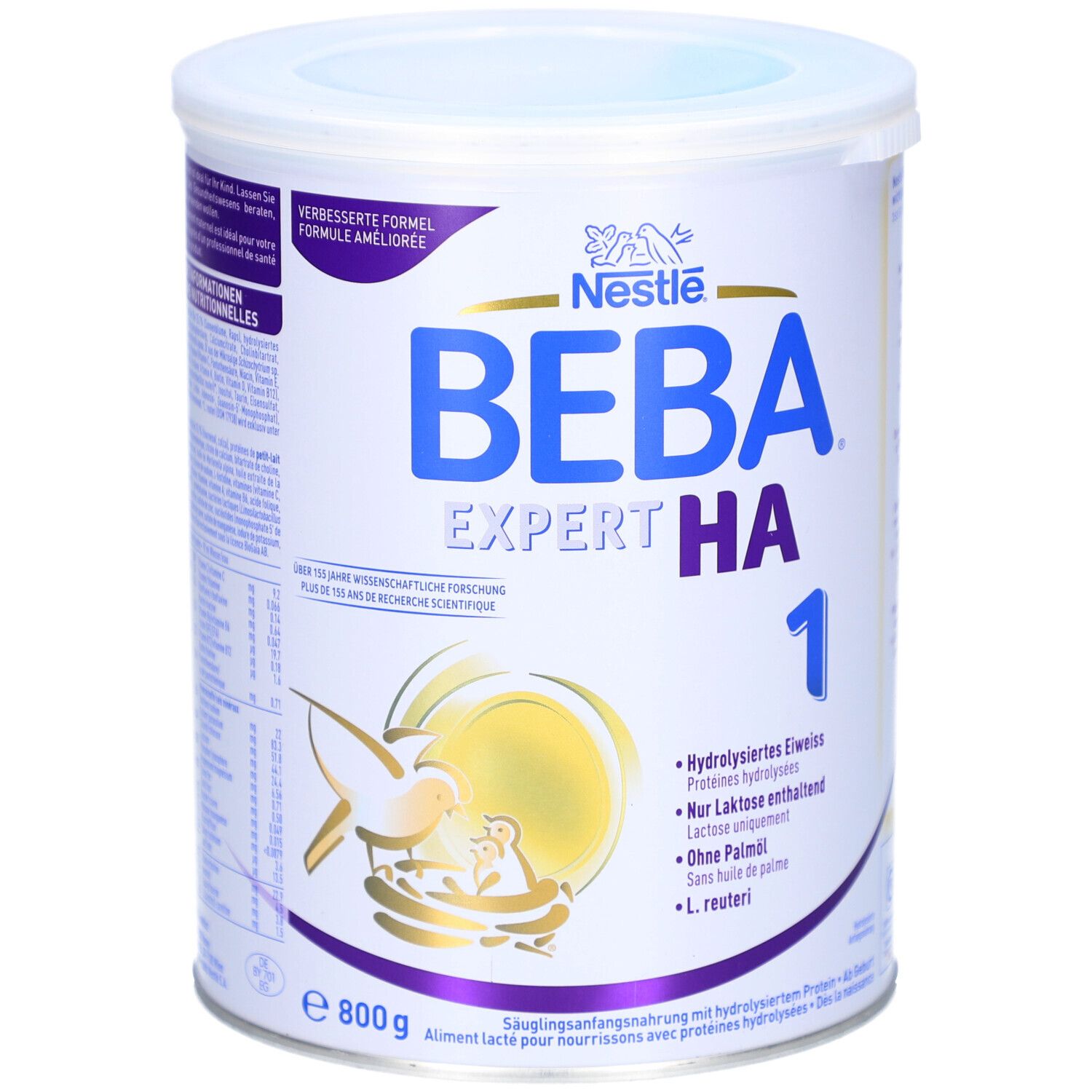 Boîte BEBA EXPERT HA 1. Bleu, blanc. Logo Nestlé. Texte : Protéines hydrolysées, Seulement lactose, Sans huile de palme, L. reuteri. 800 g.