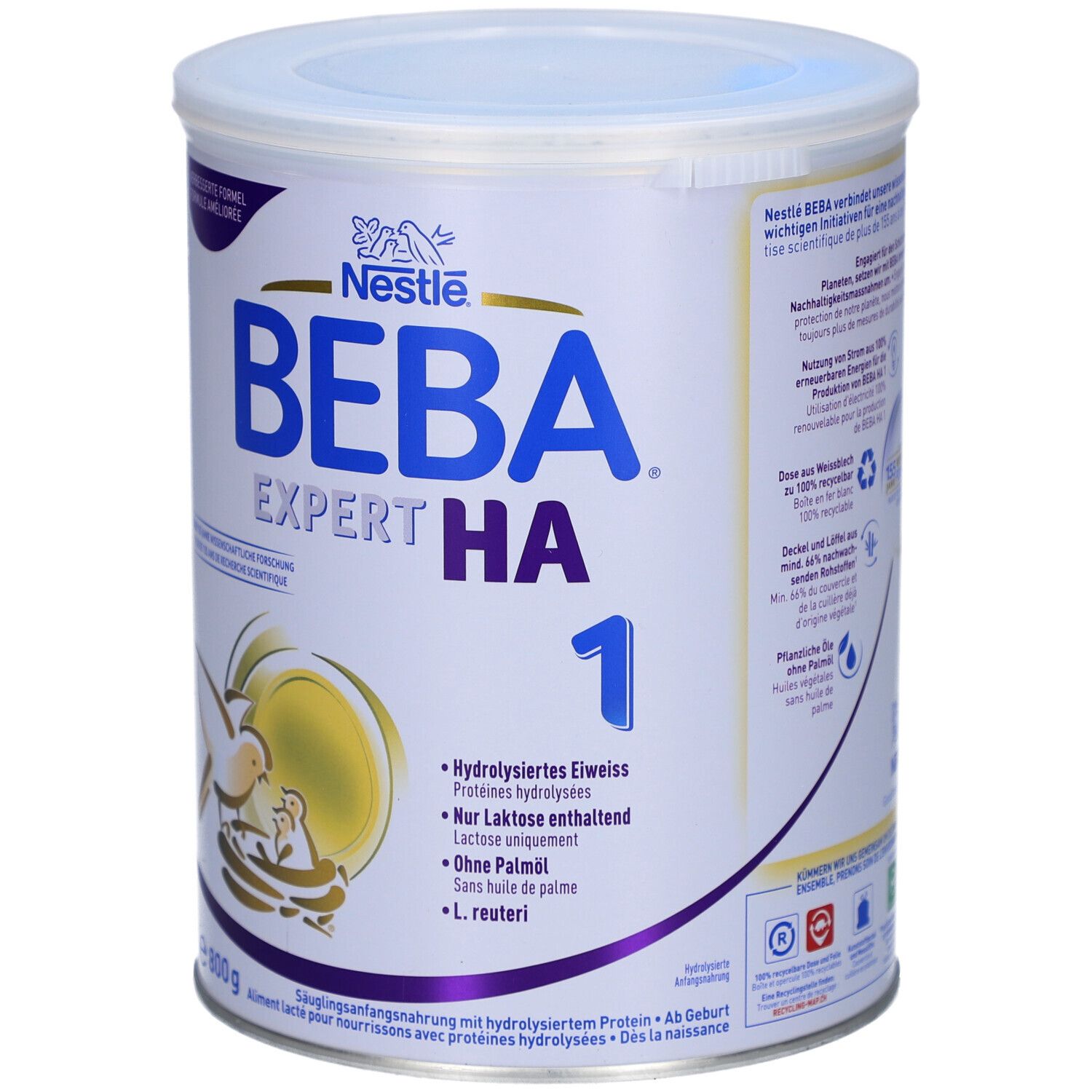 Boîte BEBA EXPERT HA 1. Bleu, blanc. Logo Nestlé. Texte : Protéines hydrolysées, Seulement lactose, Sans huile de palme, L. reuteri. 800 g.