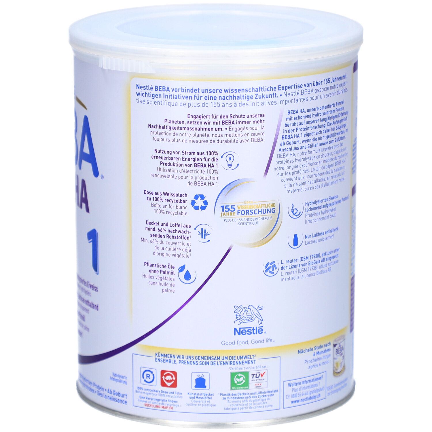 Dos de la boîte BEBA EXPERT HA 1. Texte : 155 ans de recherche. Durabilité. Logo : 100% recyclable. 800 g. Logo Nestlé.