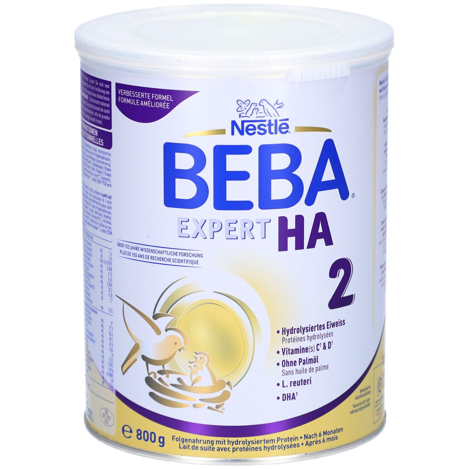 Boîte BEBA EXPERT HA 2, 800g. Principalement blanche, design bleu et jaune. Contient des protéines hydrolysées. Logo Nestlé.