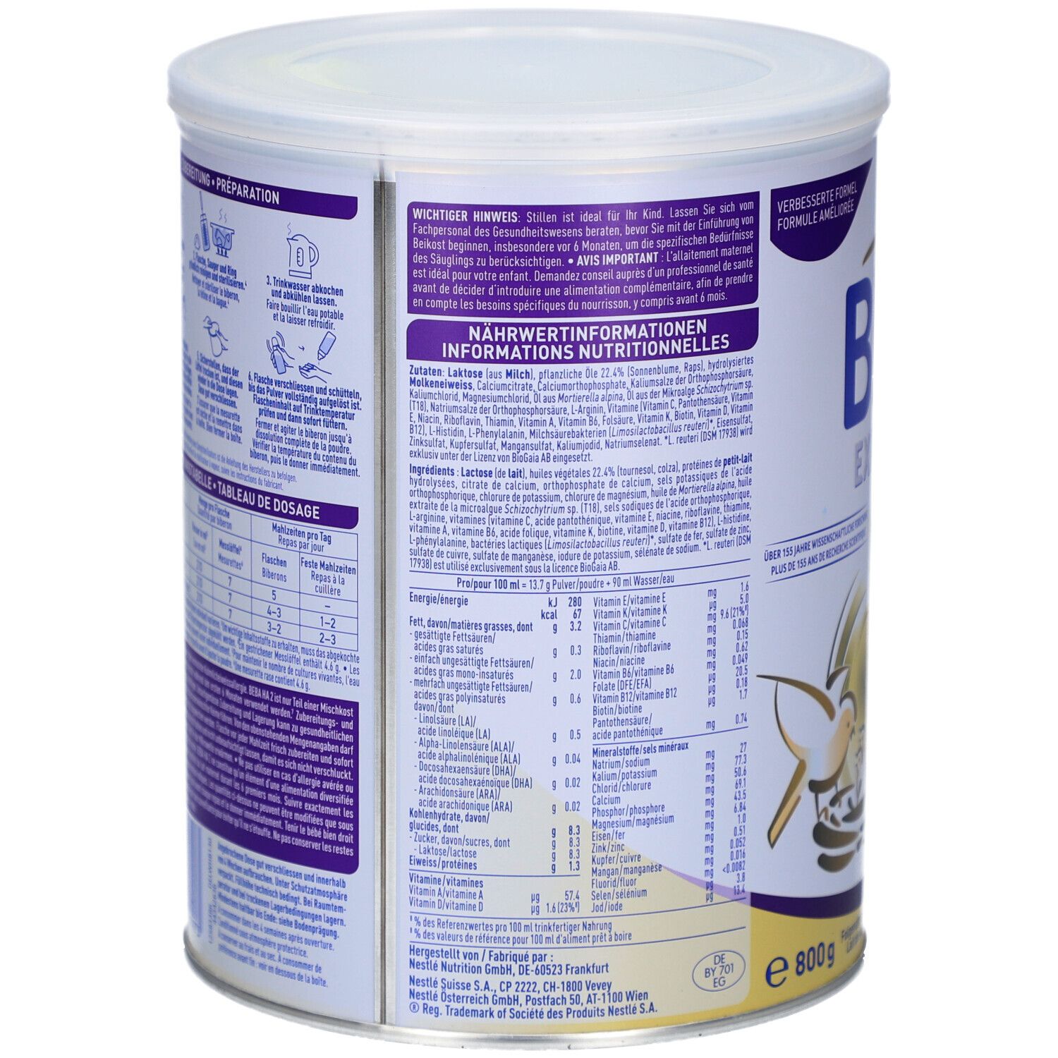 Dos de la boîte BEBA EXPERT HA 2. Contient informations nutritionnelles, instructions de préparation et liste des ingrédients. Couvercle blanc.