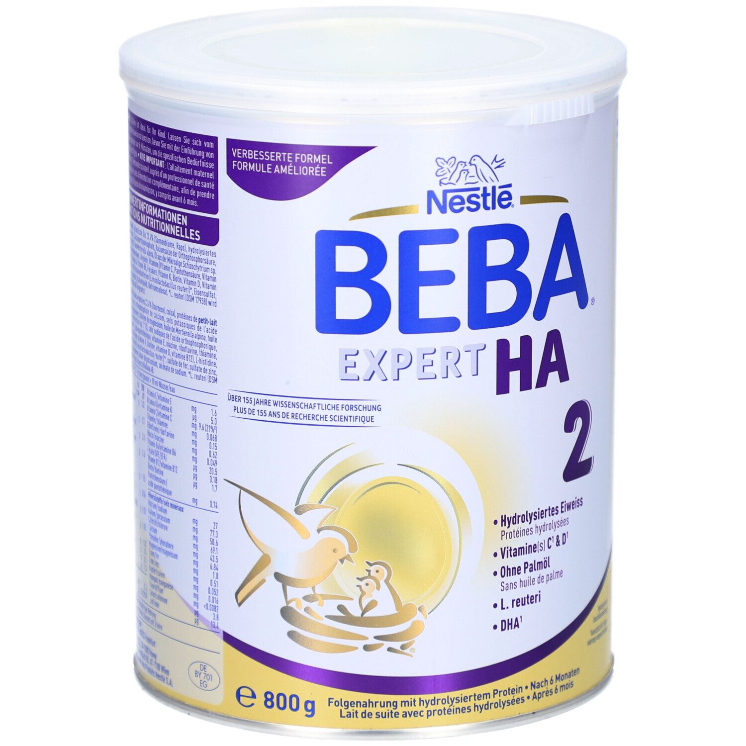 Boîte BEBA EXPERT HA 2, 800g. Principalement blanche, design bleu et jaune. Contient des protéines hydrolysées. Logo Nestlé.