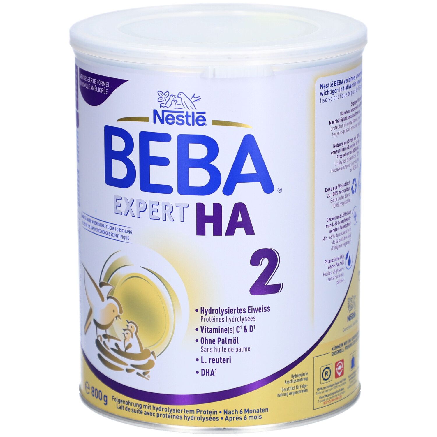 Boîte BEBA EXPERT HA 2, 800g. Principalement blanche, design bleu et jaune. Contient des protéines hydrolysées. Logo Nestlé.