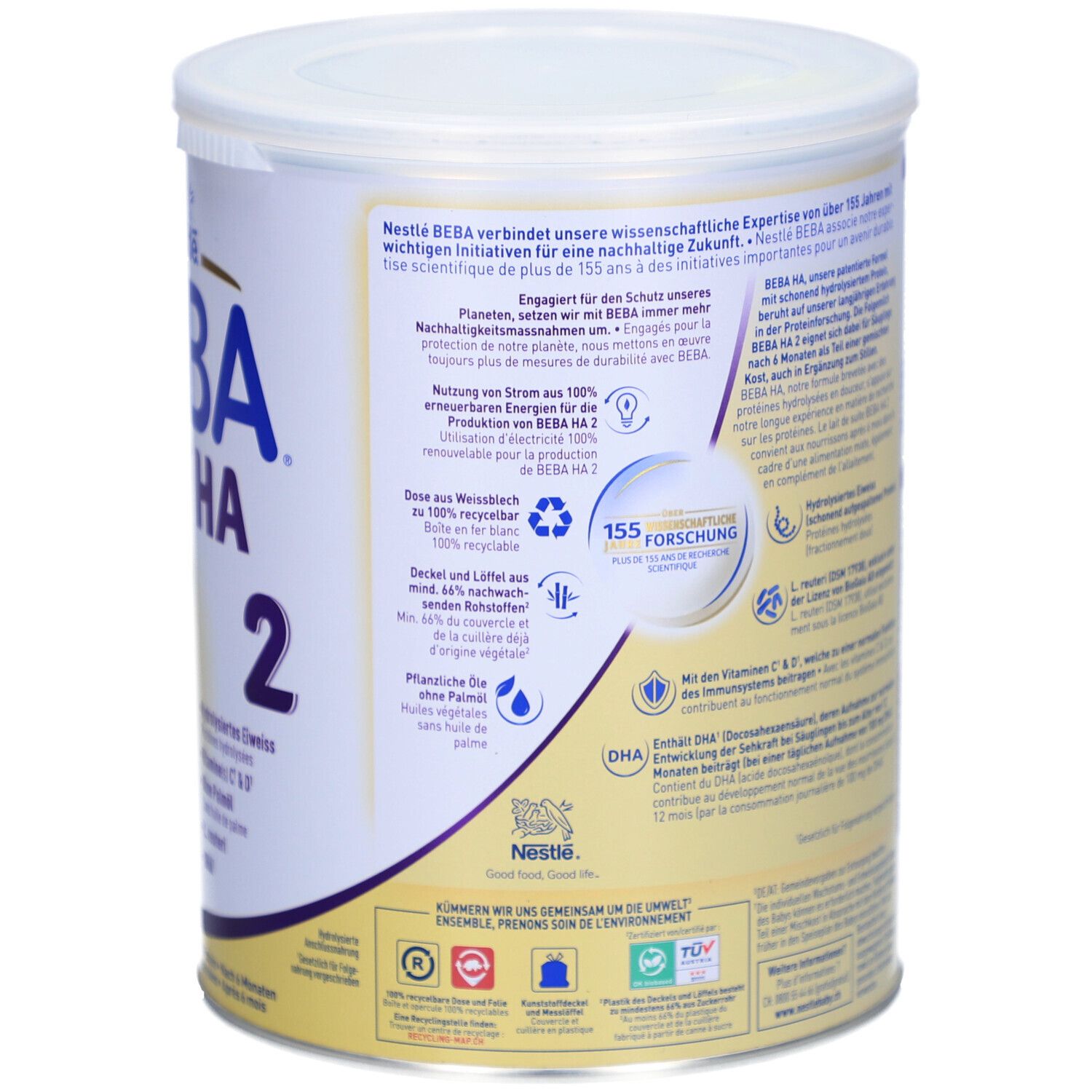 Dos de la boîte BEBA EXPERT HA 2. Informations sur la durabilité et la recherche. Couvercle blanc. Logo Nestlé.
