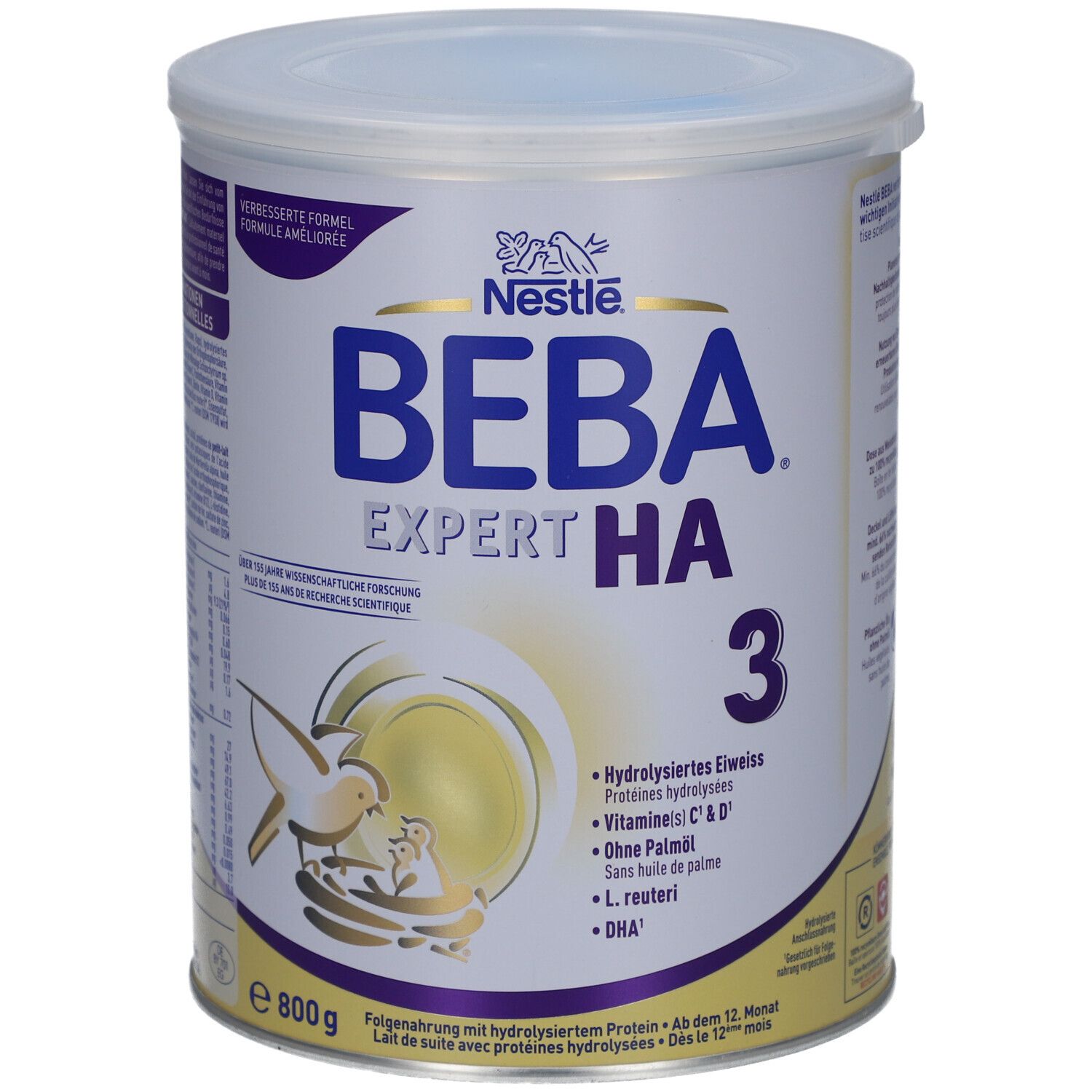 Boîte BEBA EXPERT HA 3. Contient protéines hydrolysées, Vitamines C & D, sans huile de palme, L. reuteri, DHA. 800g.