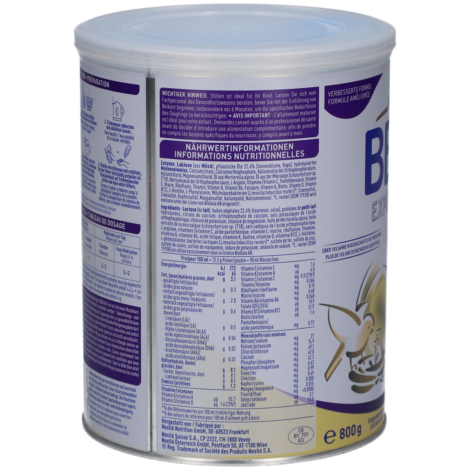 Dos de la boîte BEBA EXPERT HA 3. Contient informations nutritionnelles, liste des ingrédients et autres informations.