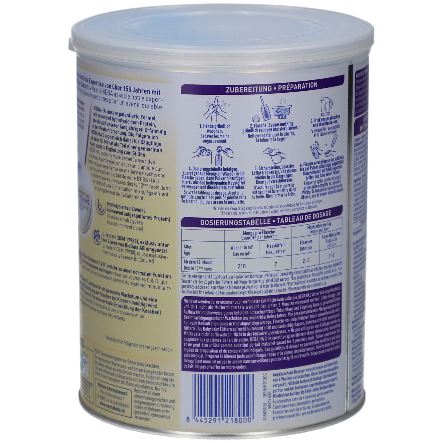 Dos de la boîte BEBA EXPERT HA 3. Contient instructions de préparation et tableau de dosage.