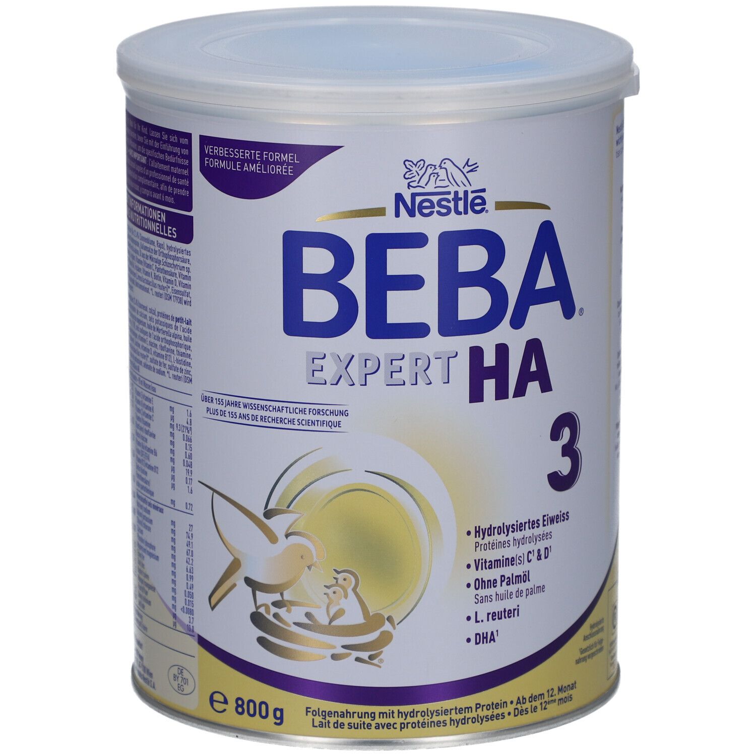 Boîte BEBA EXPERT HA 3. Contient protéines hydrolysées, Vitamines C & D, sans huile de palme, L. reuteri, DHA. 800g.