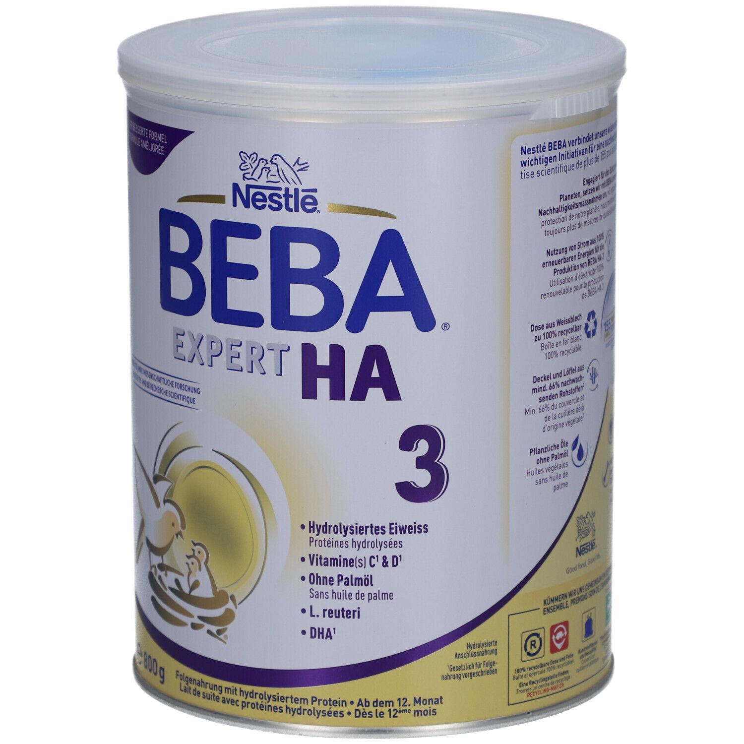 Boîte BEBA EXPERT HA 3. Contient protéines hydrolysées, Vitamines C & D, sans huile de palme, L. reuteri, DHA. 800g.