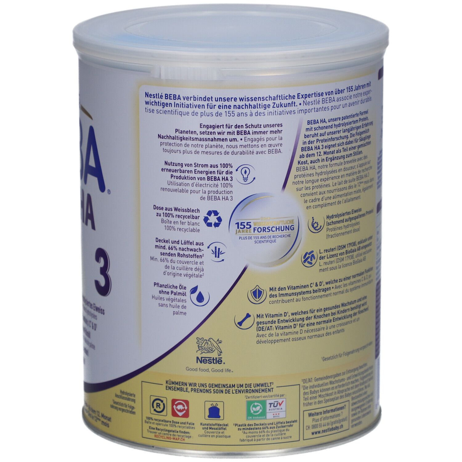Boîte BEBA EXPERT HA 3. Contient des informations sur la durabilité, le recyclage et les ingrédients.