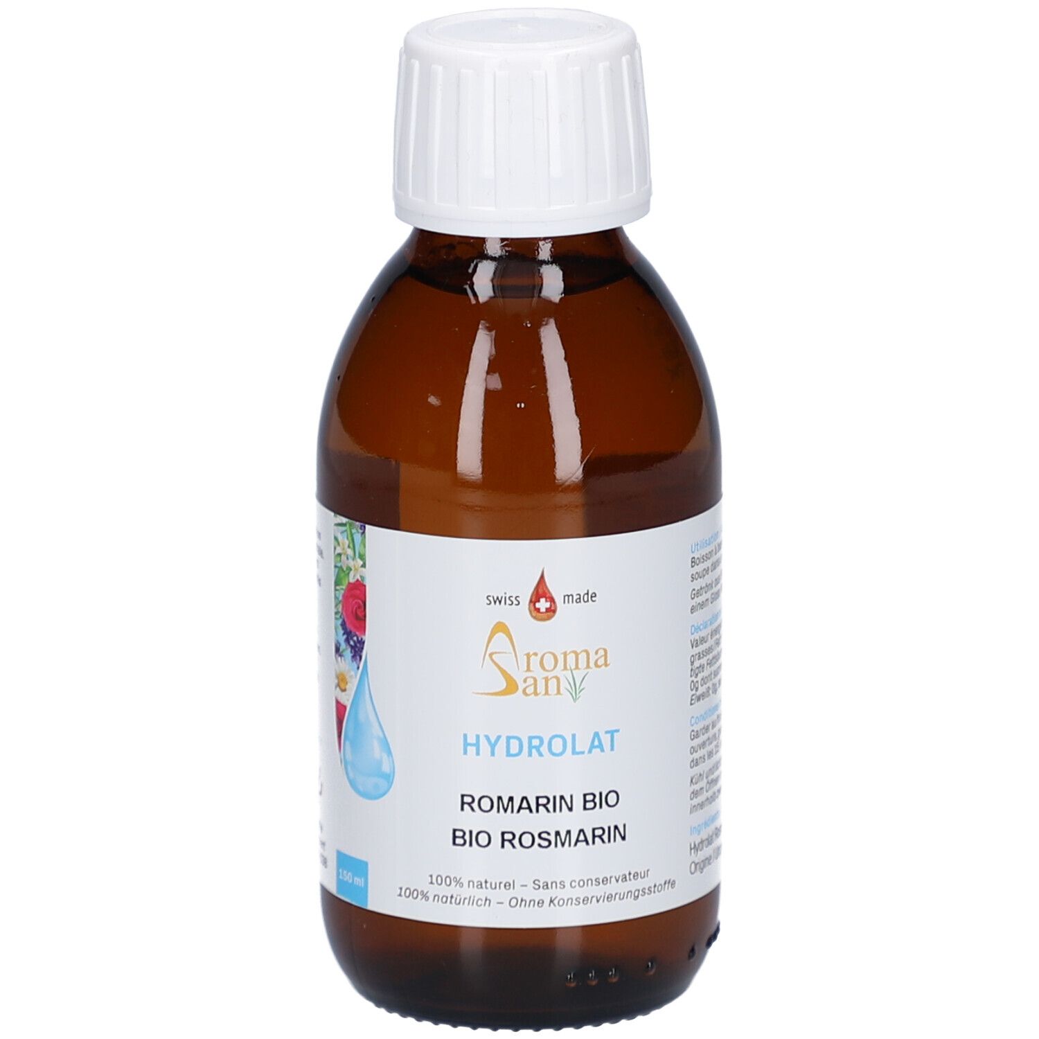 Braune Glasflasche mit weißem Verschluss. Etikett mit Produktnamen, Marke Aromasan und Hydrolat Rosmarin Bio. Swiss Made.