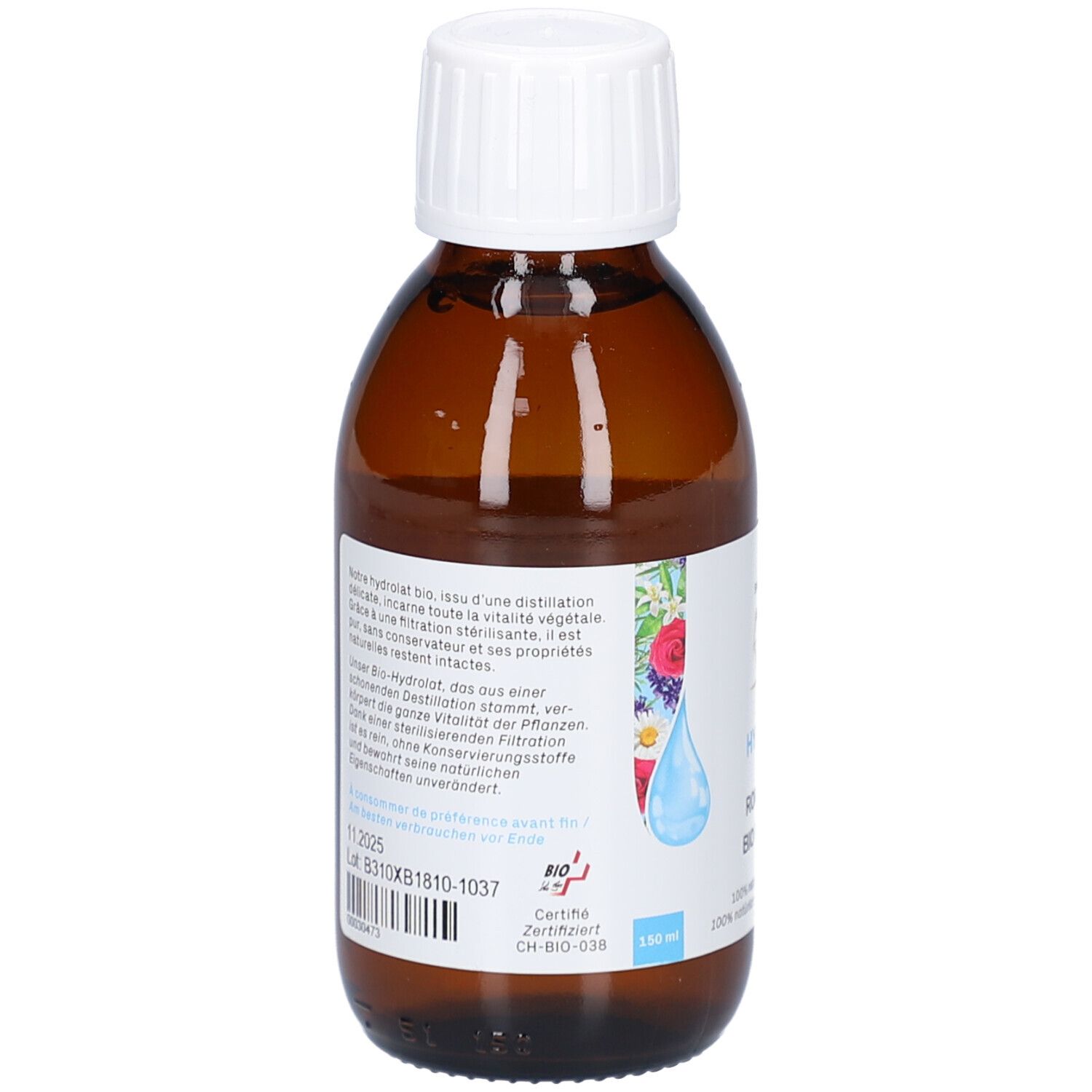 Braune Glasflasche mit weißem Verschluss. Etikett mit Produktinformationen, Marke Aromasan und Bio-Zertifizierung. Swiss Made.