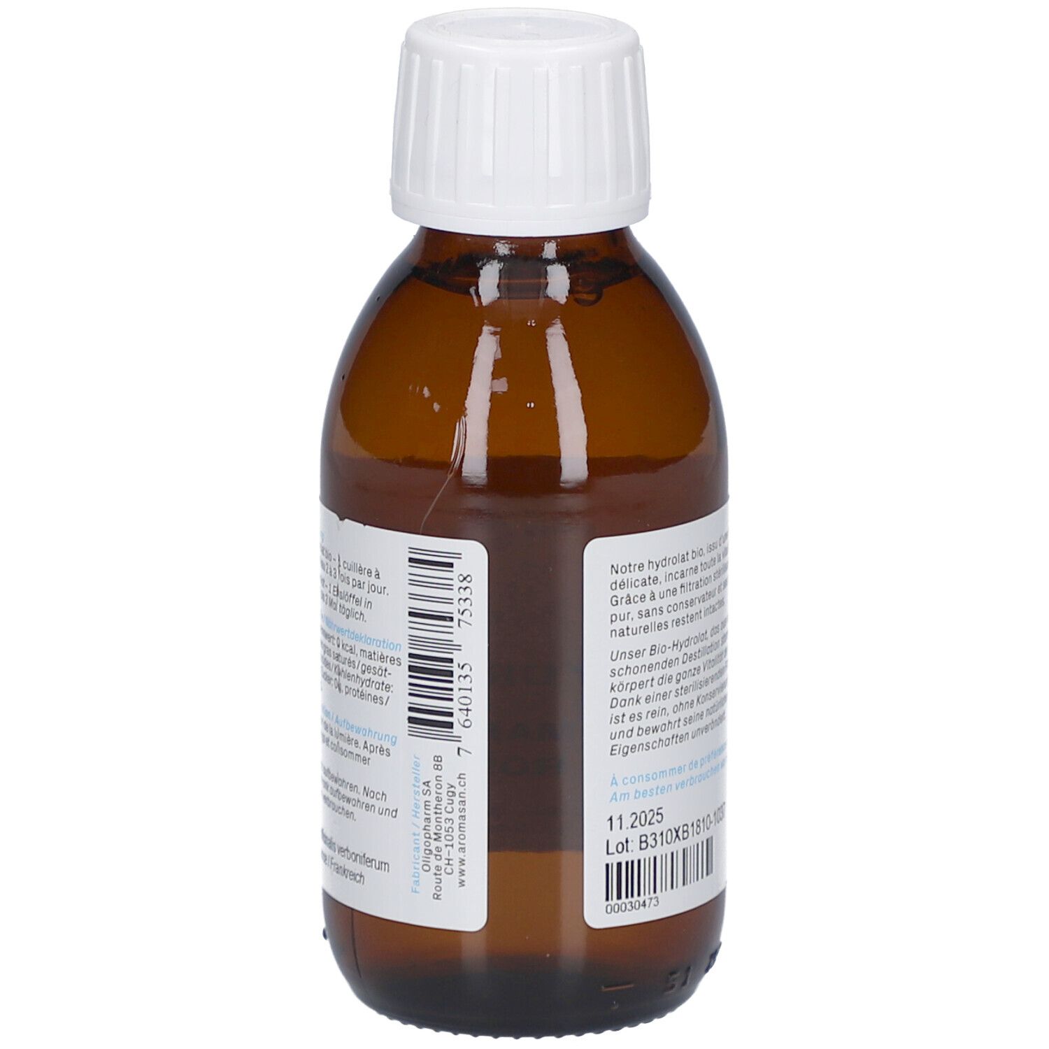 Braune Glasflasche mit weißem Verschluss. Etikett mit Produktinformationen, Marke Aromasan und Chargennummer. Swiss Made.