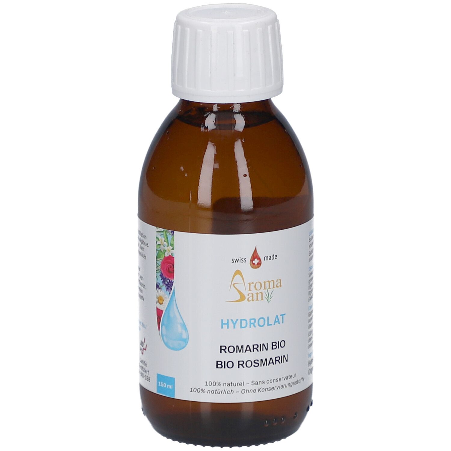 Braune Glasflasche mit weißem Verschluss. Etikett mit Produktnamen, Marke Aromasan und Hydrolat Rosmarin Bio. Swiss Made.
