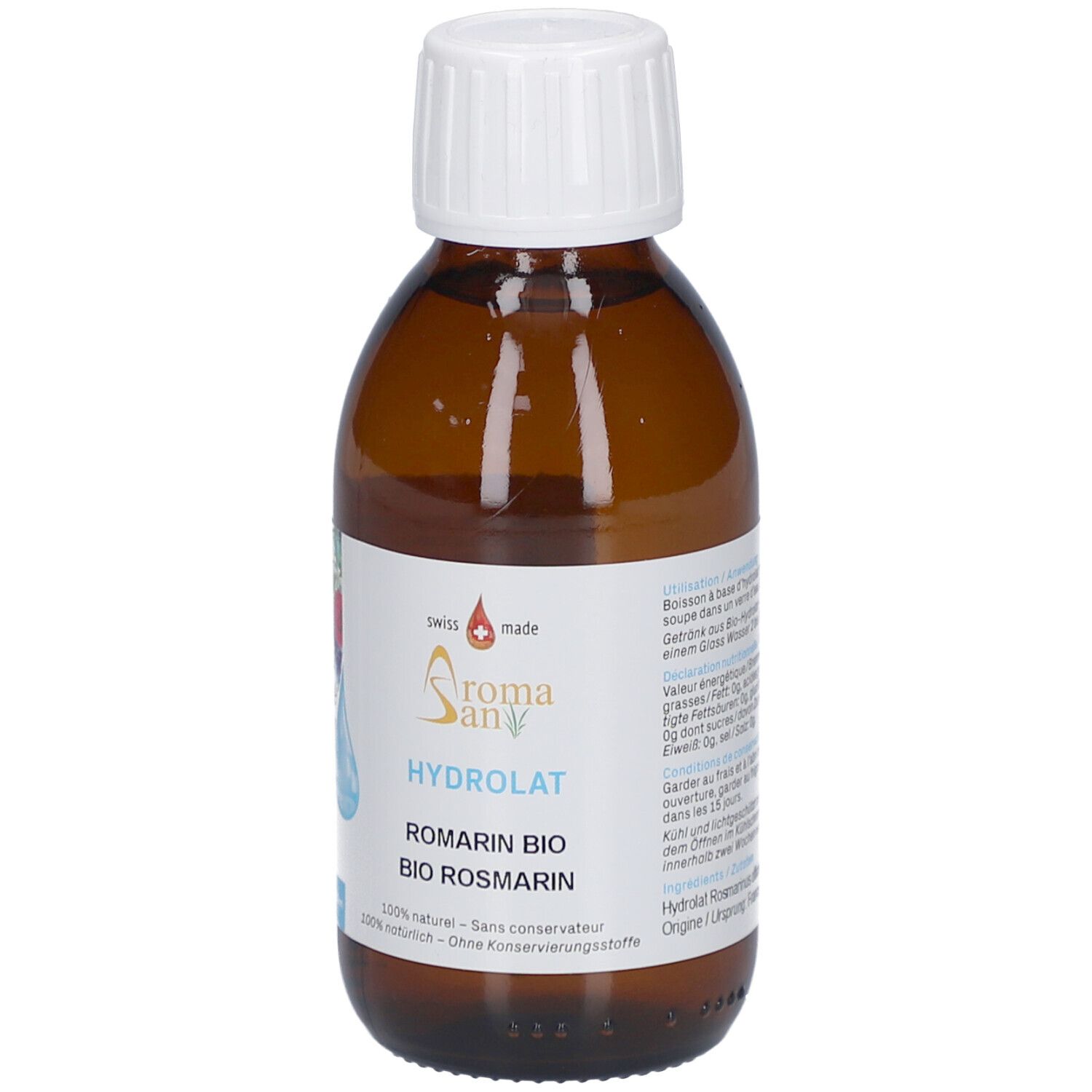 Braune Glasflasche mit weißem Verschluss. Etikett mit Produktnamen, Marke Aromasan und Hydrolat Rosmarin Bio. Swiss Made.