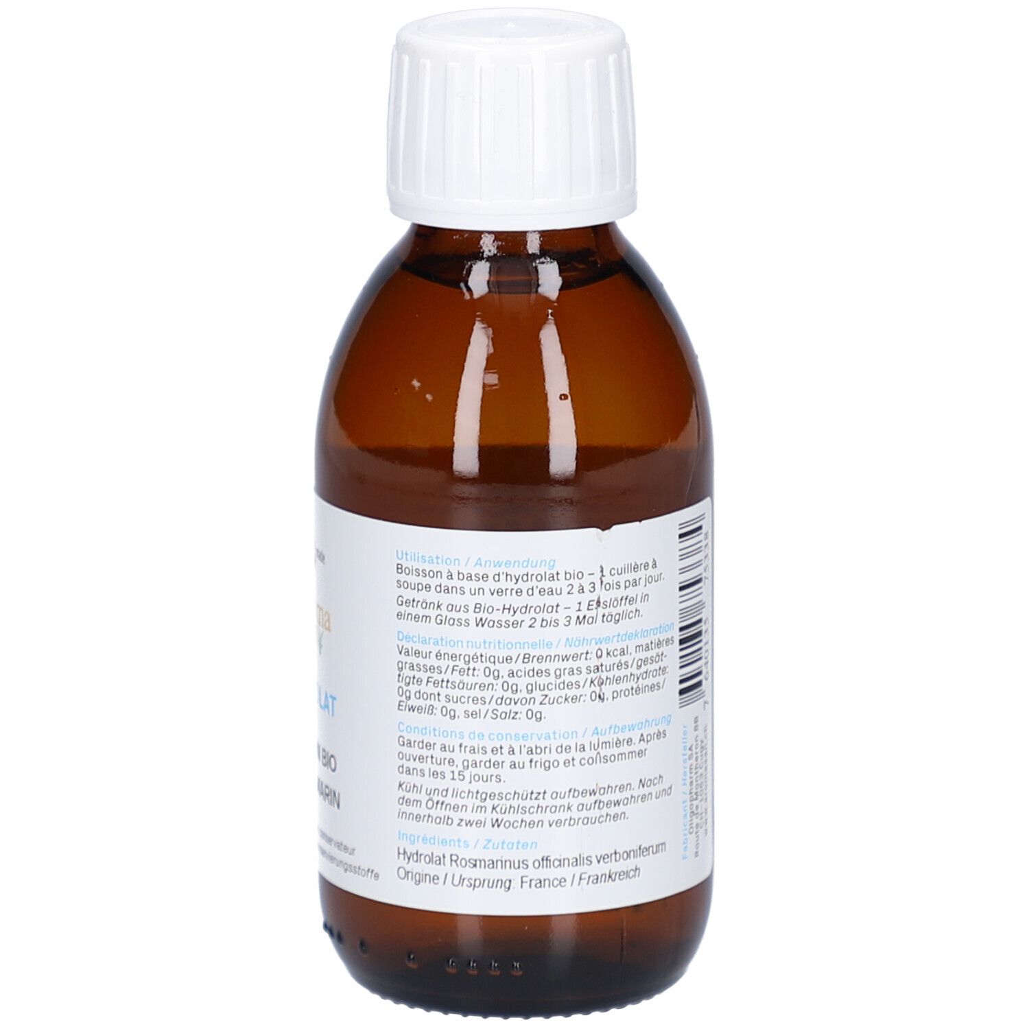 Braune Glasflasche mit weißem Verschluss. Etikett mit Produktinformationen, Marke Aromasan und Inhaltsangaben. Swiss Made.